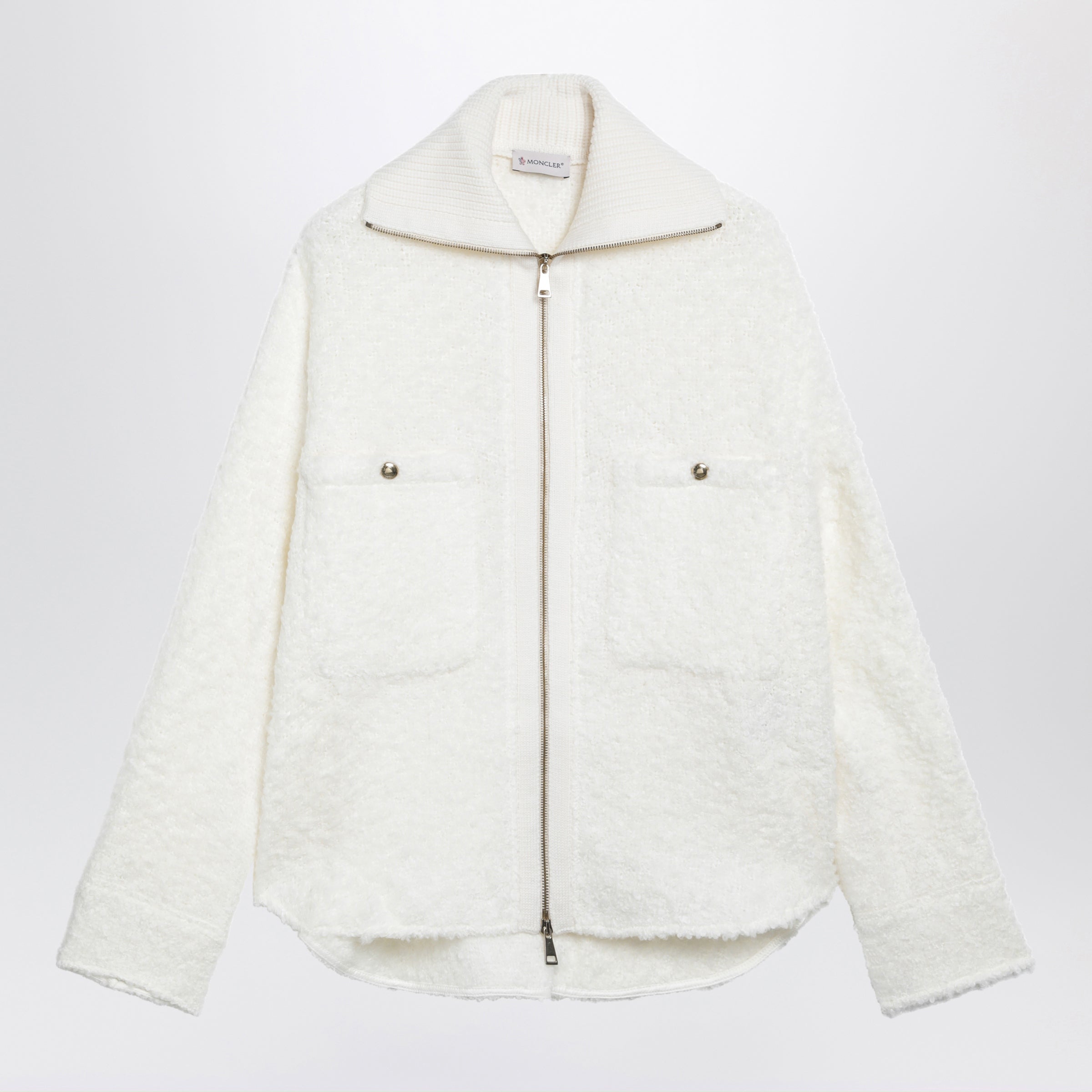 Moncler White Zip-Up Jacket In Bouclé Fabric
