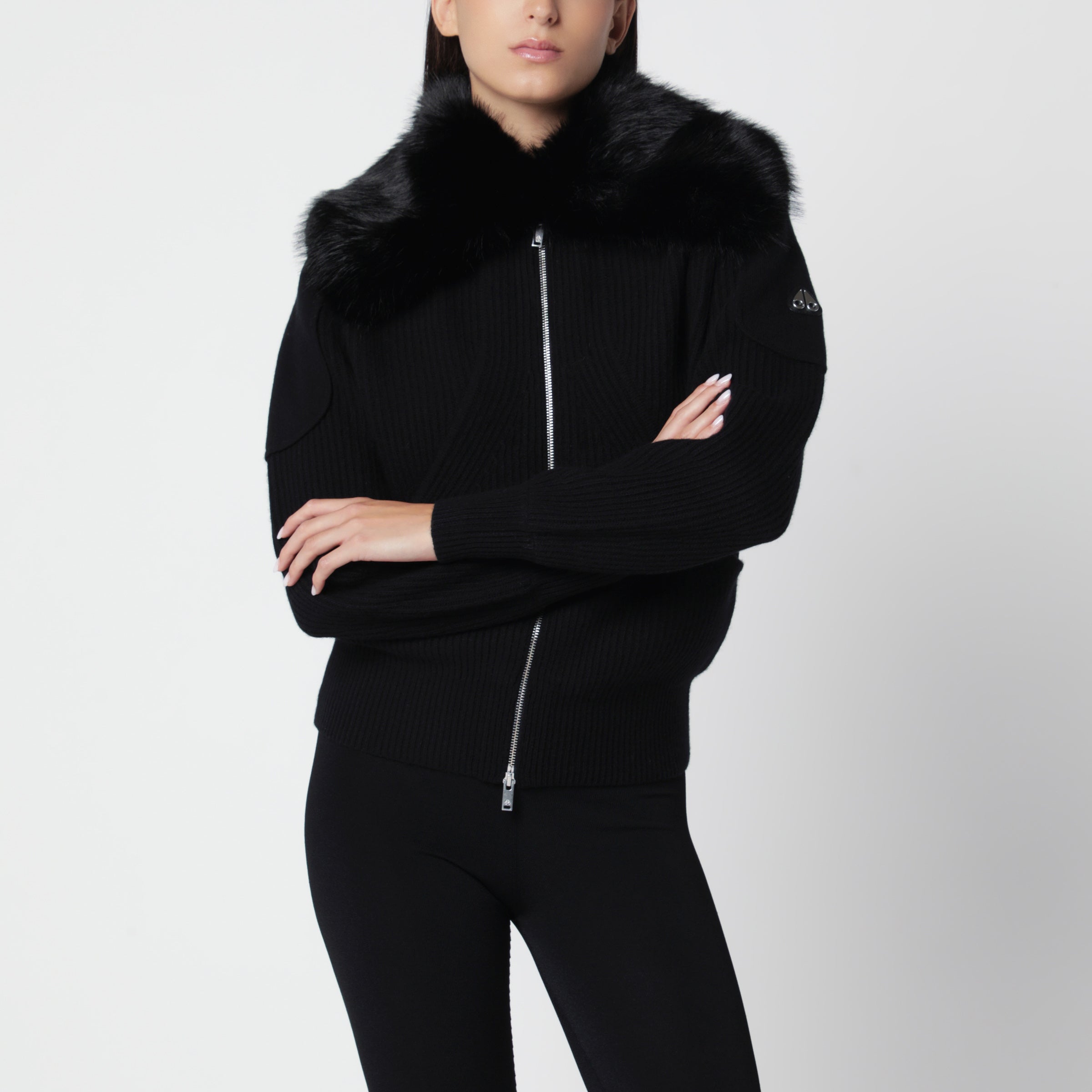 Moose Knuckles Black Wool Cardigan With Faux Fur Collar