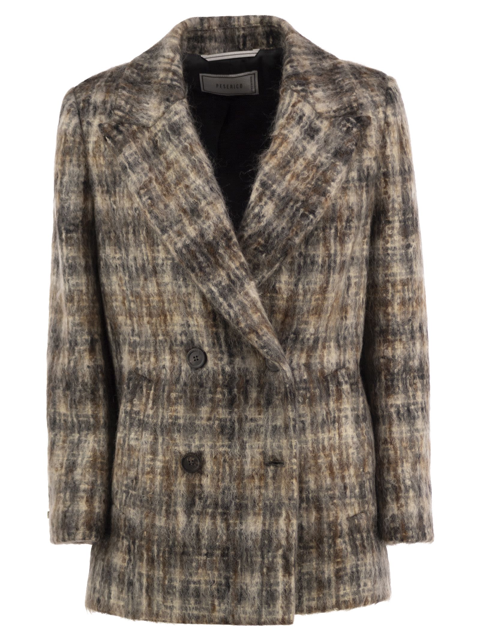 Peserico Double-Breasted Mohair-Blend Checked Bla