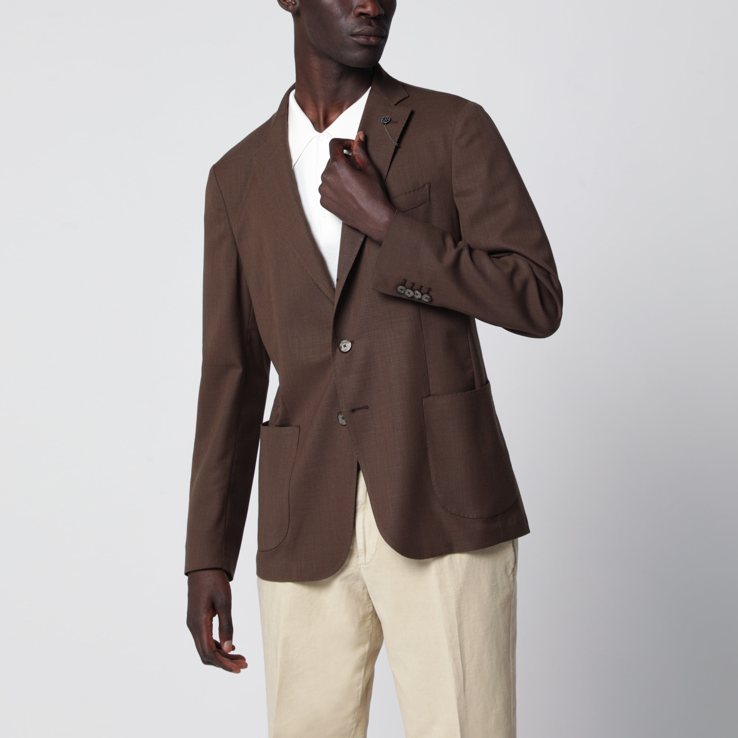 Santaniello Brown Slim-Fit Single-Breasted Linen Bla