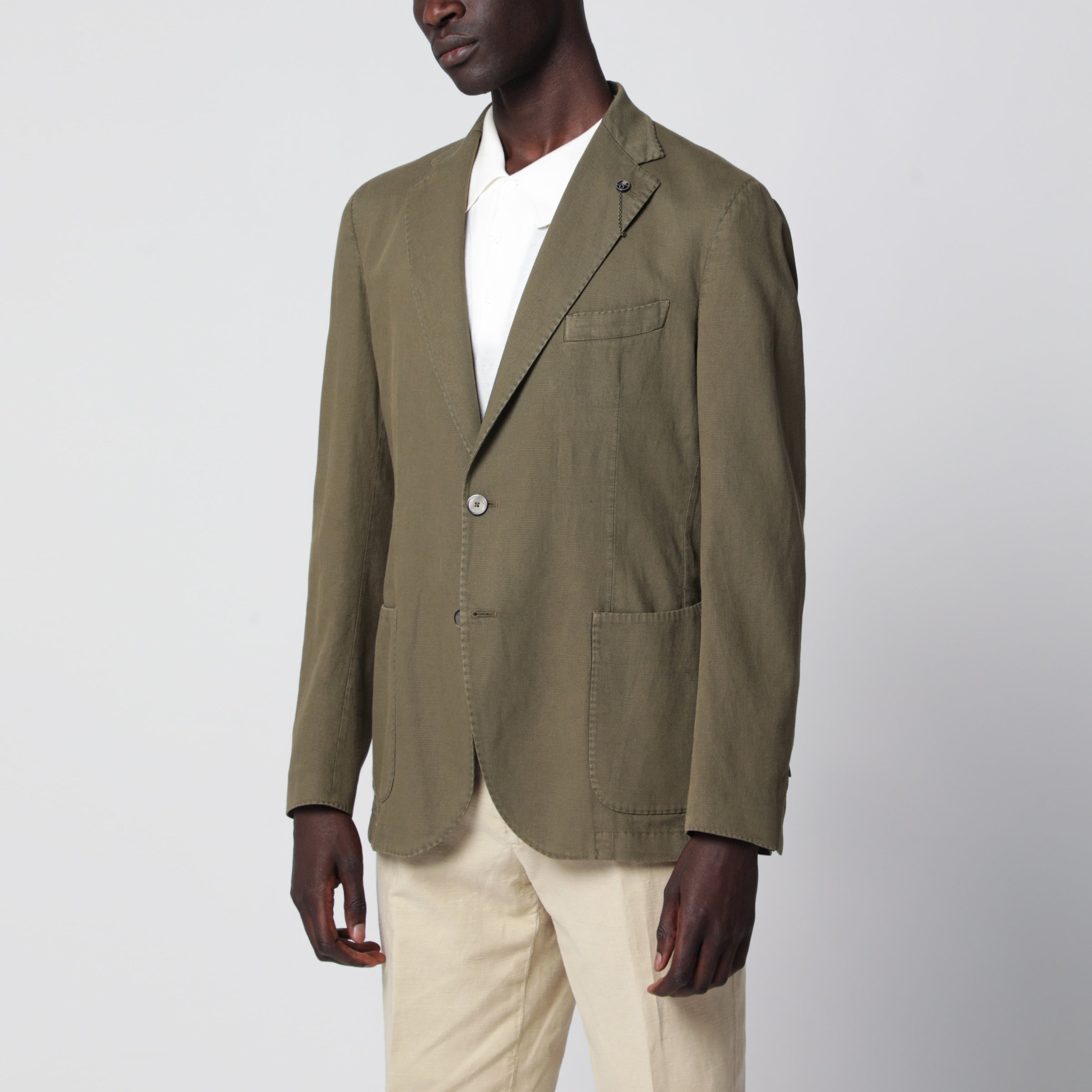 Santaniello Olive Green Slim-Fit Single-Breasted Lin