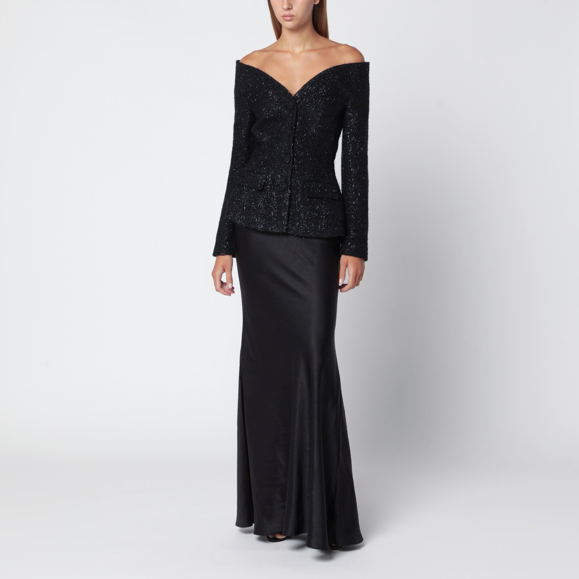 Self-Portrait Long Black Dress In Metallic Bouclé Sati