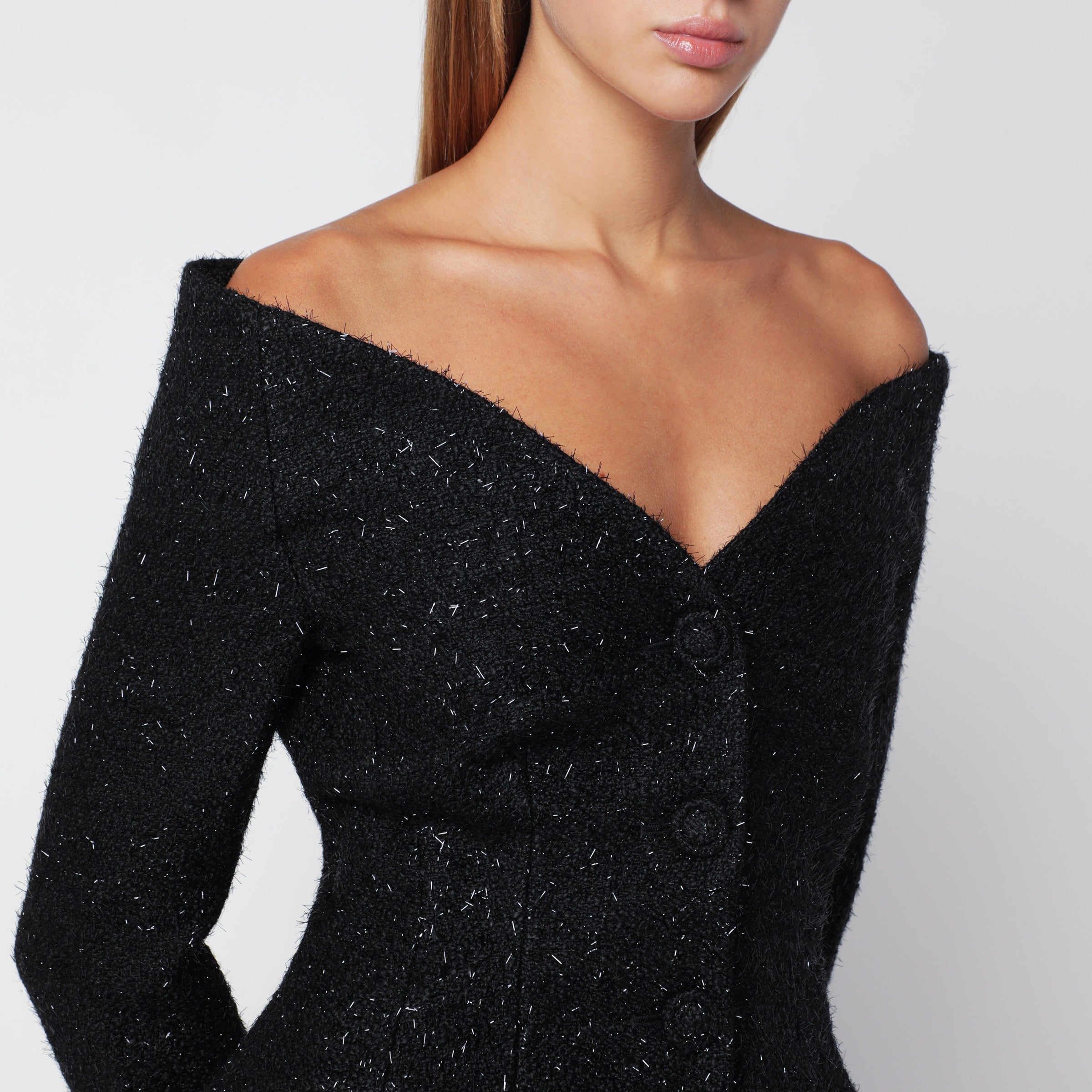 Self-Portrait Long Black Dress In Metallic Bouclé Sati