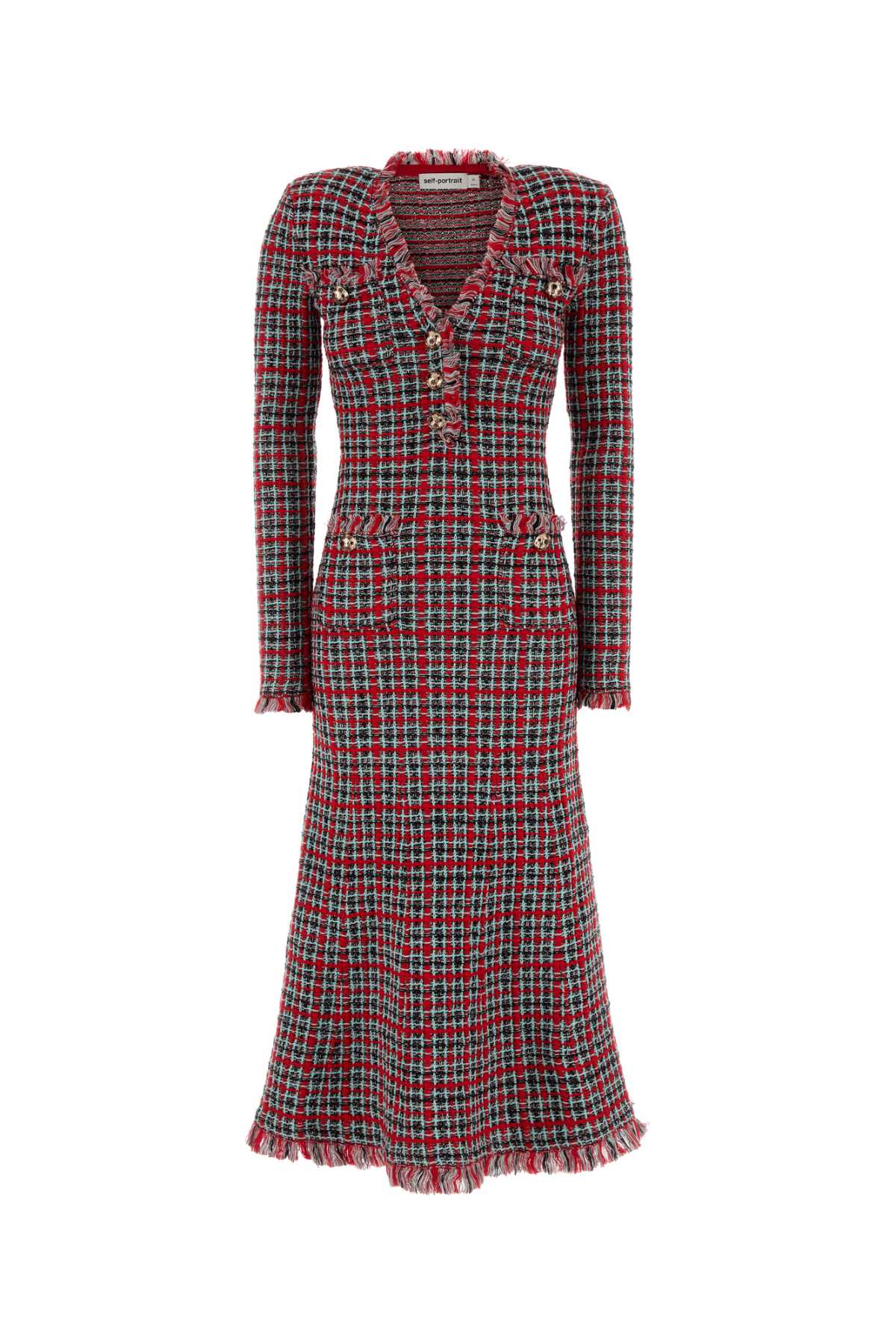 Self-Portrait Self Portrait Red Check Frayed Knit Midi
