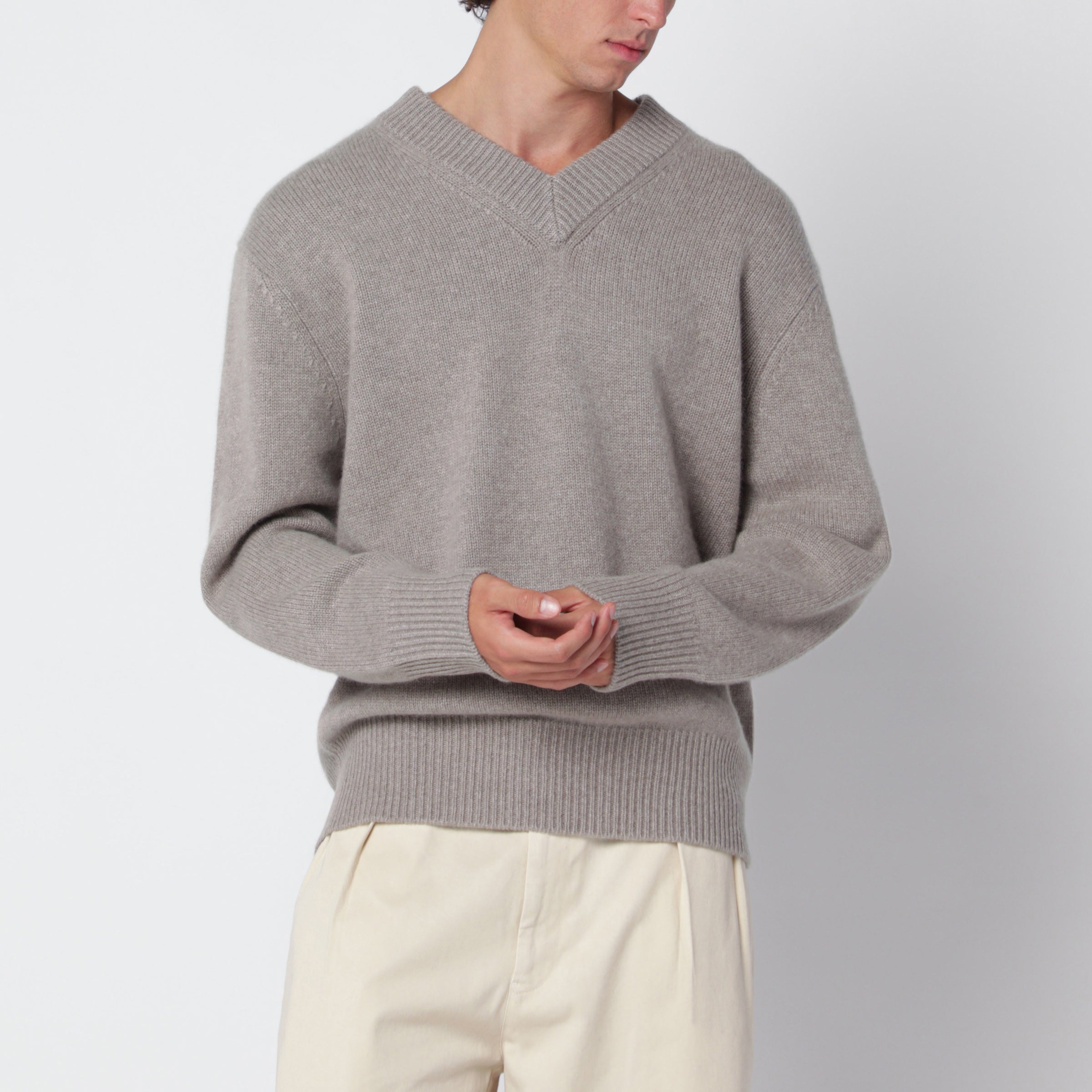 Soft Goat Greige Cashmere V-Neck Sweater