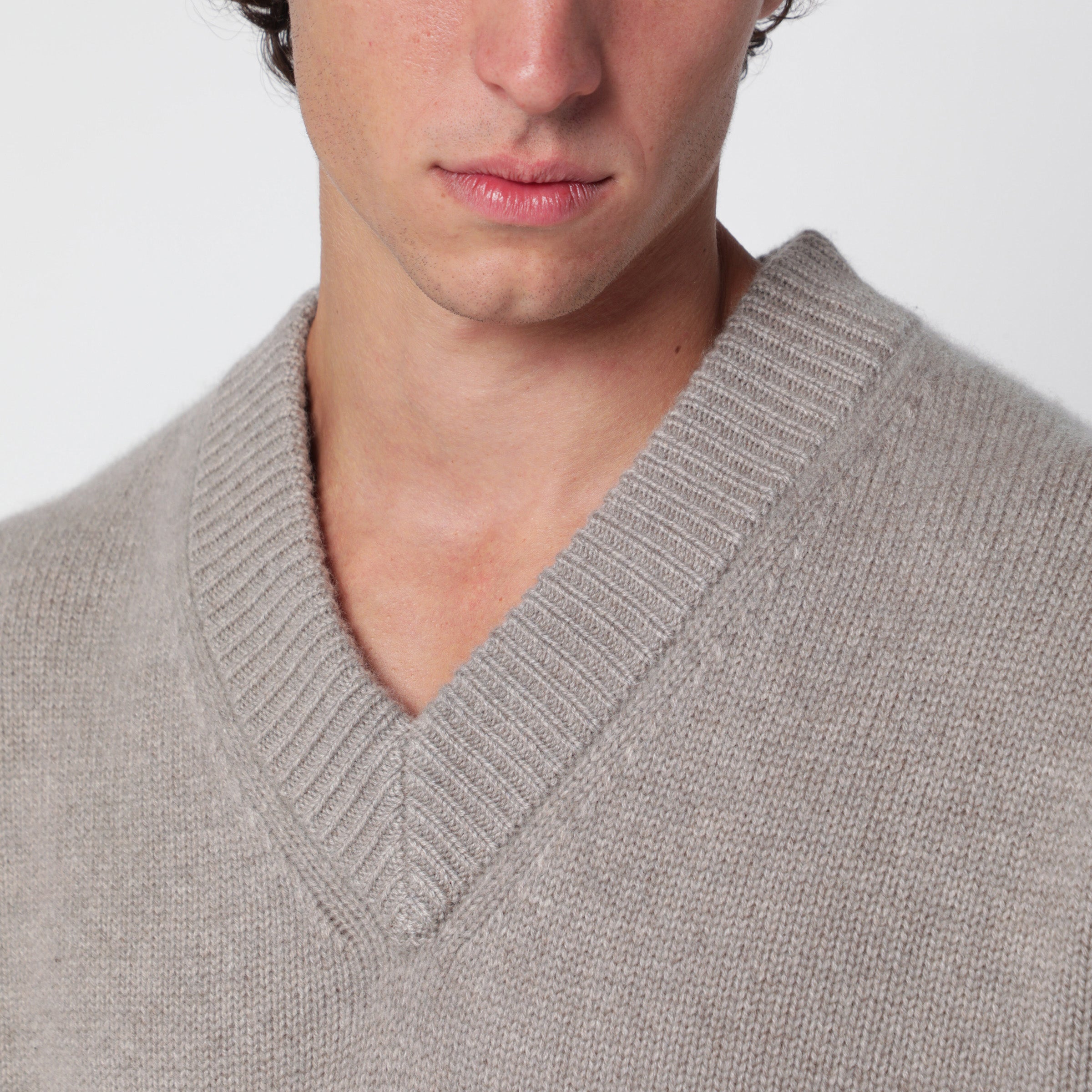 Soft Goat Greige Cashmere V-Neck Sweater