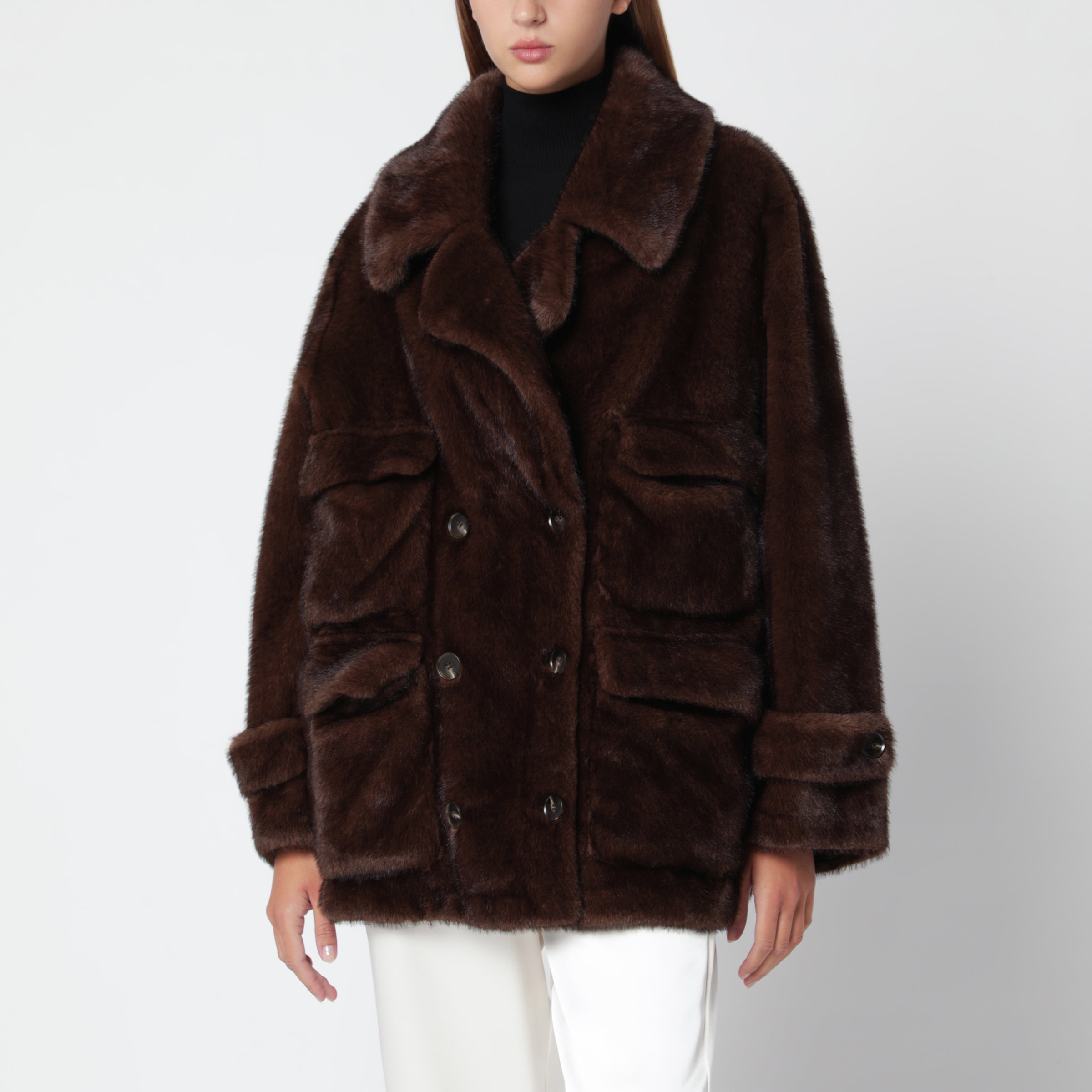 Sword 6644 Dark Brown Double-Breasted Faux Fur Coat