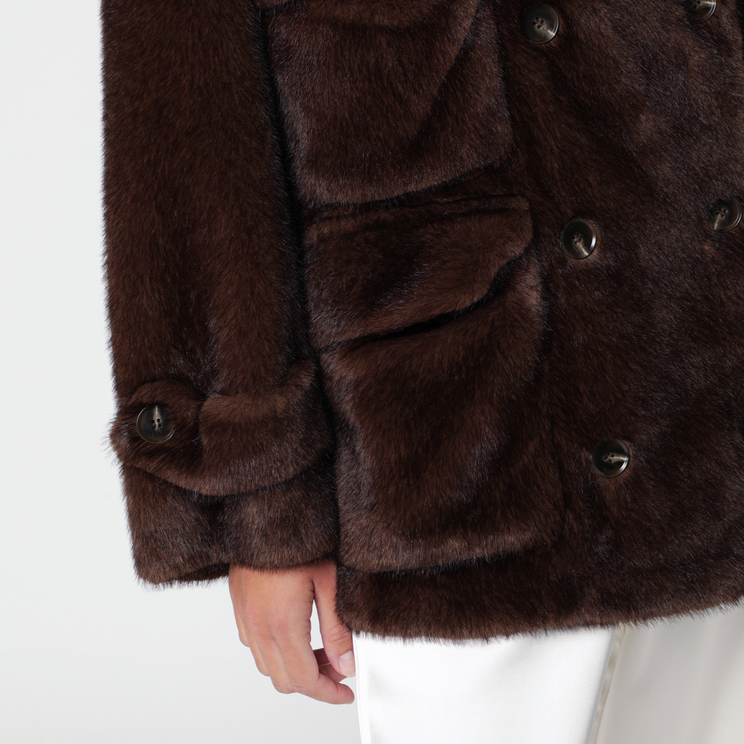 Sword 6644 Dark Brown Double-Breasted Faux Fur Coat