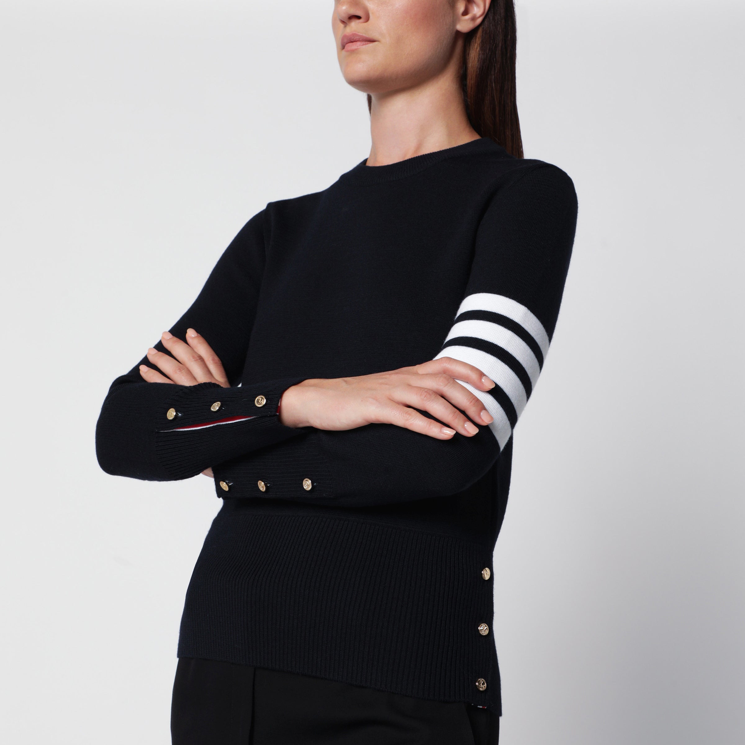Thom Browne Navy Blue 4-Bar Crew-Neck Sweater In Woo