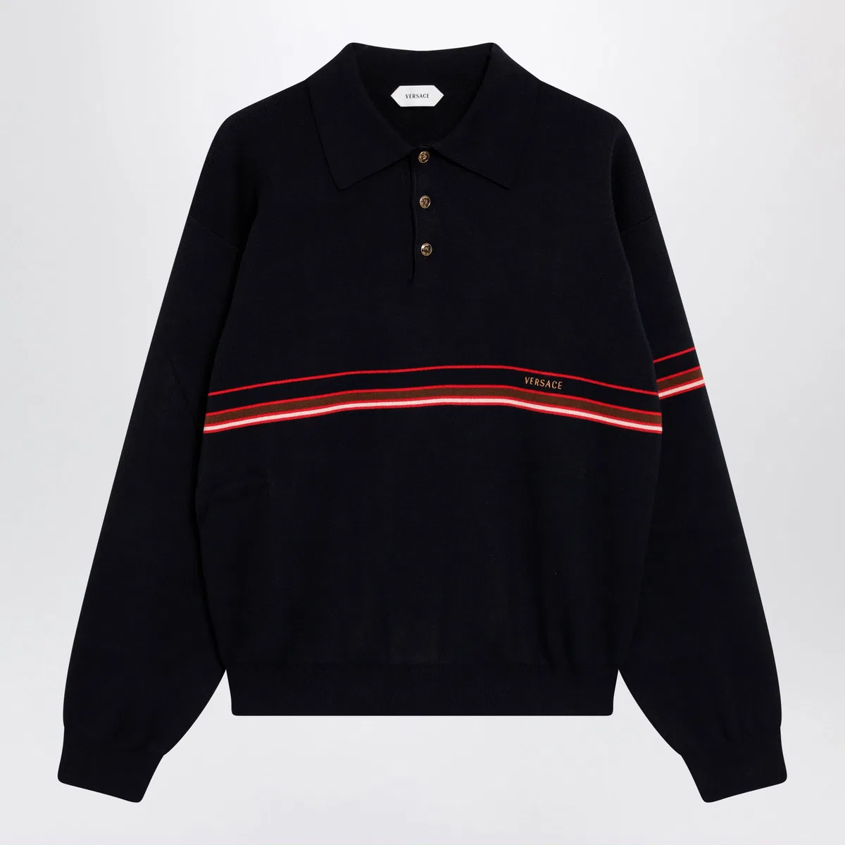 Versace Navy Blue Cotton Knit Polo Shirt With Em