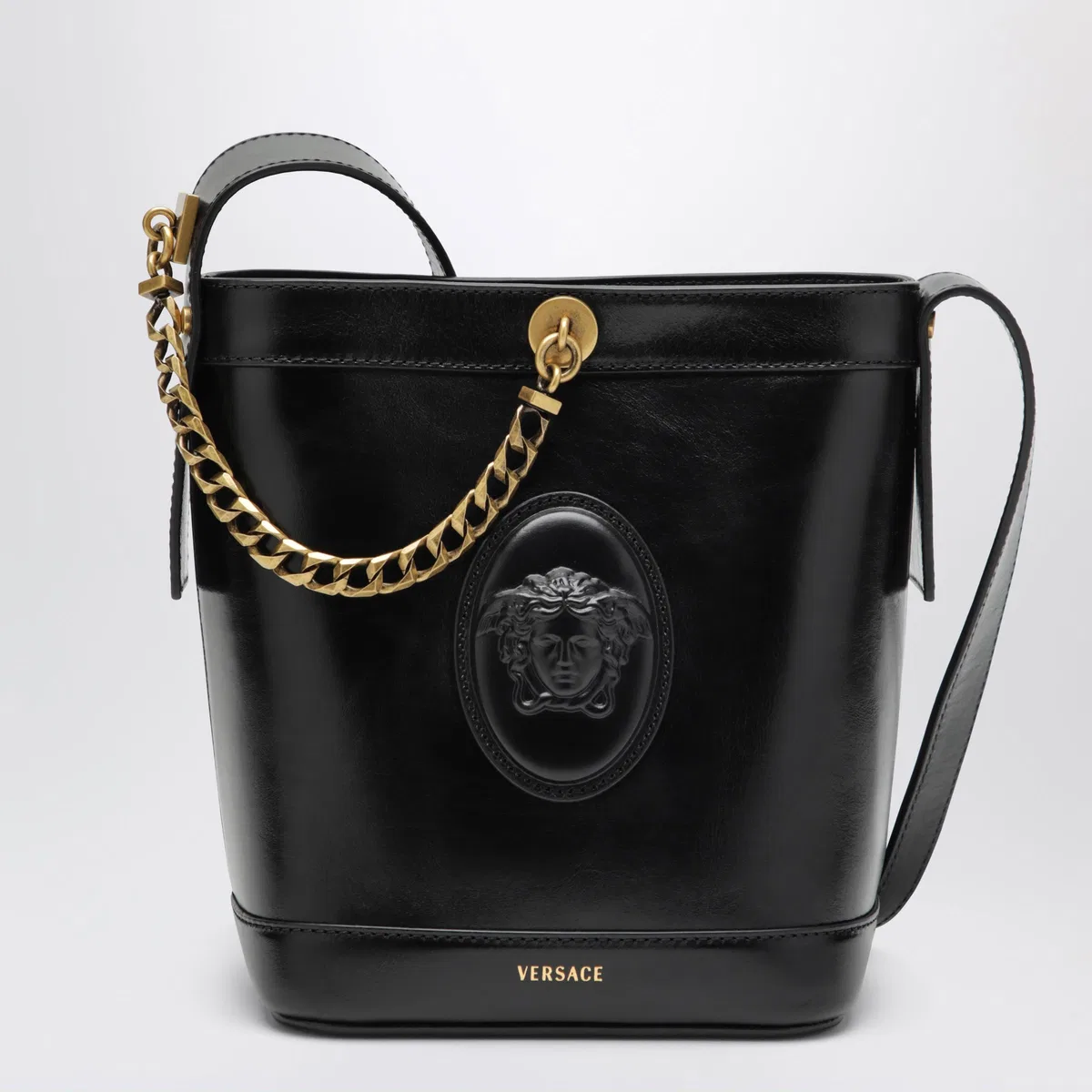 Versace Black Leather Bucket Bag