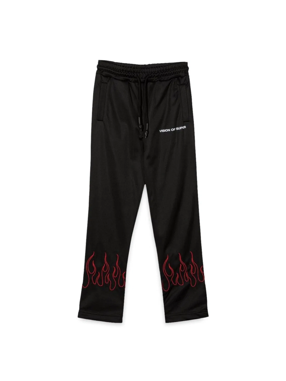 Vision Of Super Black Pants With Red Embroidered Flames