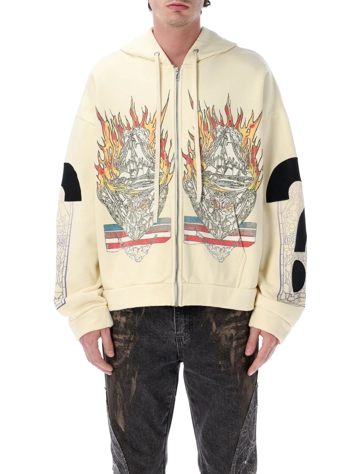 Who Decides War Graphic Cotton Zip Hoodie In Ivory