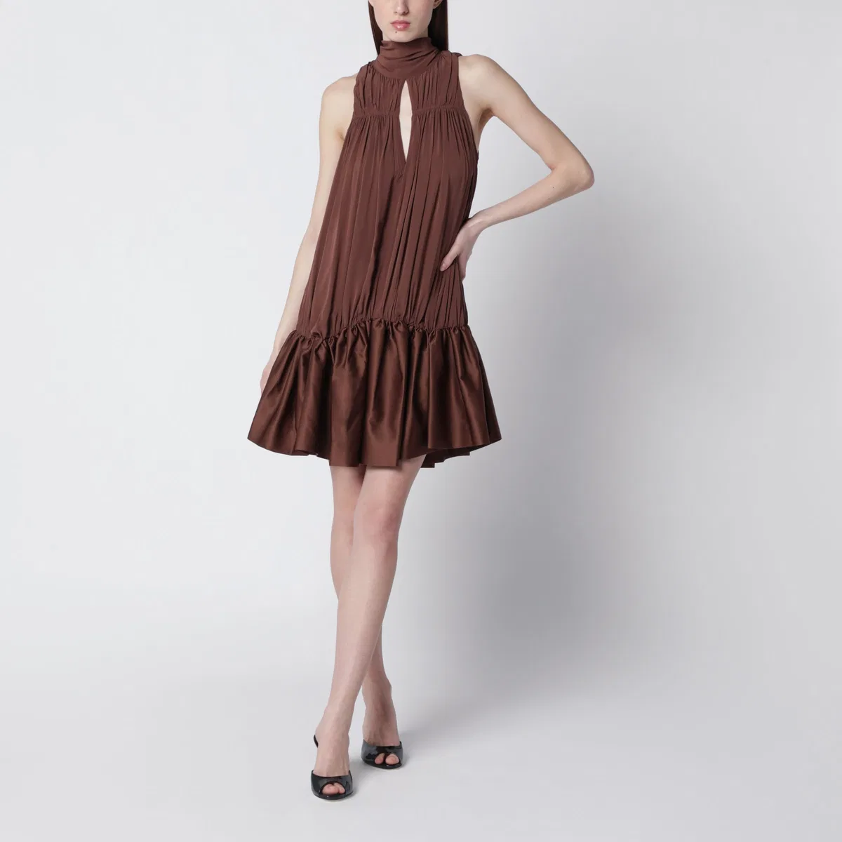 Rotate Dark Brown Gathered Mini Dress With Ruch