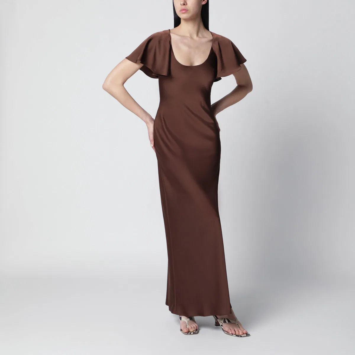 Rotate Long Satin Dress With Flutter Sleeves In