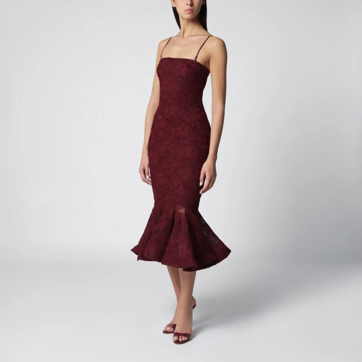 Rotate Birgerchristensen Burgundy Floral Mesh Ruffle Dress