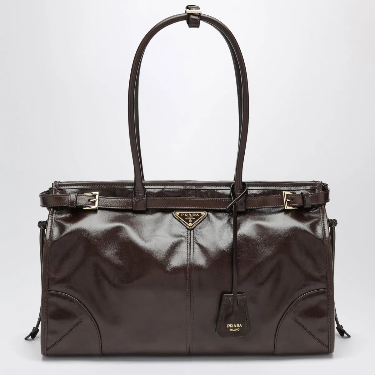 Prada Bonnie Large Leather Handbag In Dark Bro