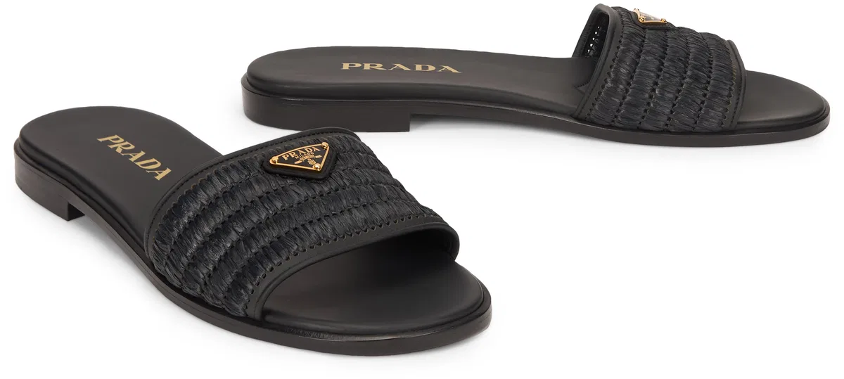 Prada Slider Sandals In Leather With Crochet D