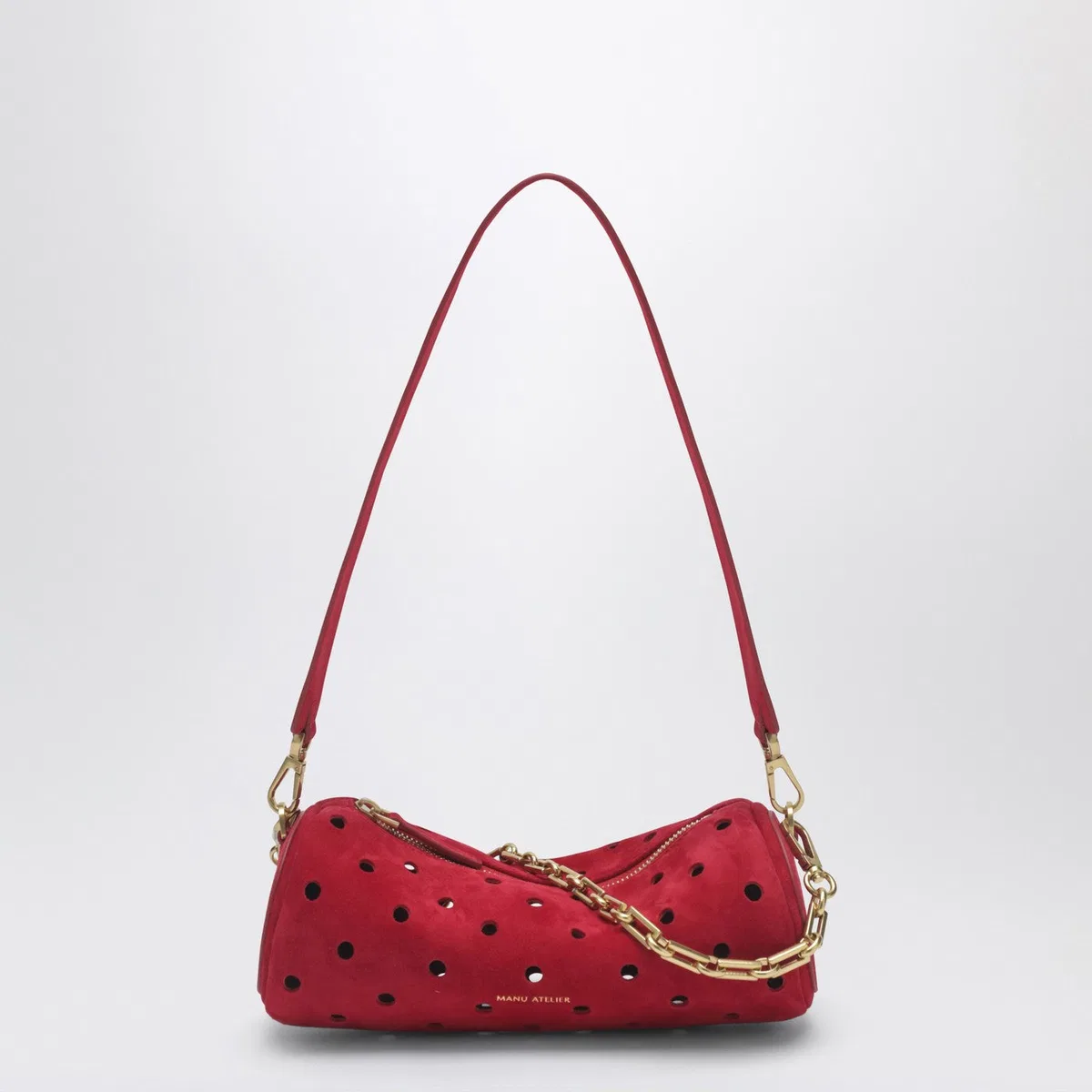 Manu Atelier Mini Cylinder Bag In Perforated Red Sued