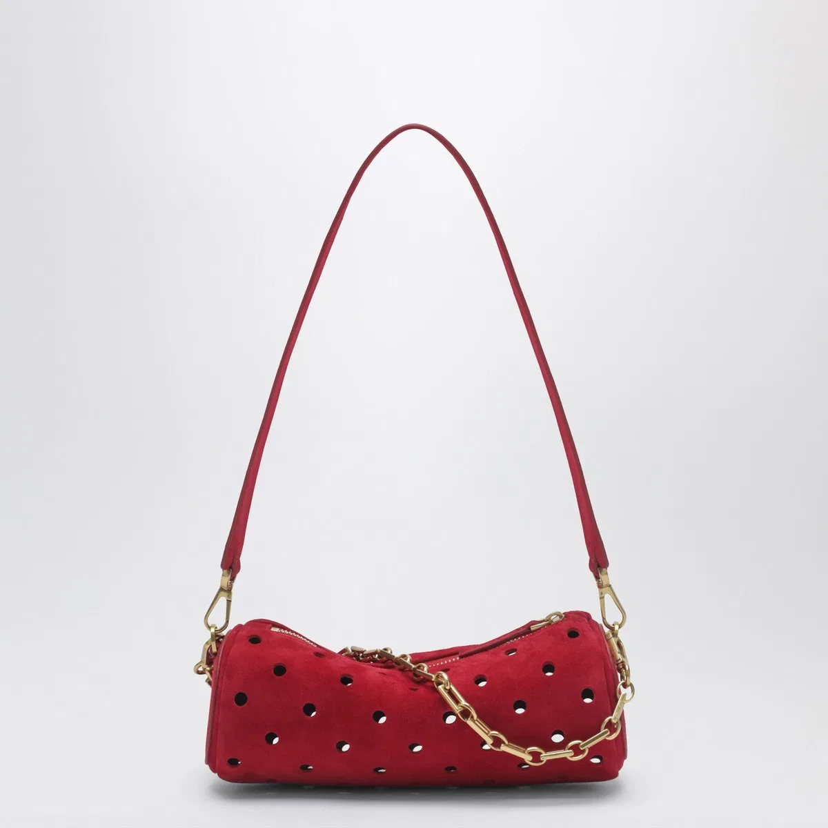 Manu Atelier Mini Cylinder Bag In Perforated Red Sued