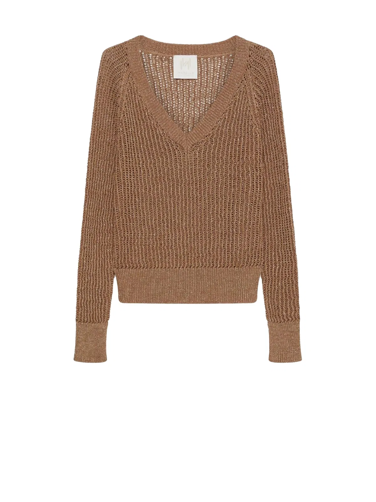 Marella Camel V-Neck Sweater In Lurex Cotton