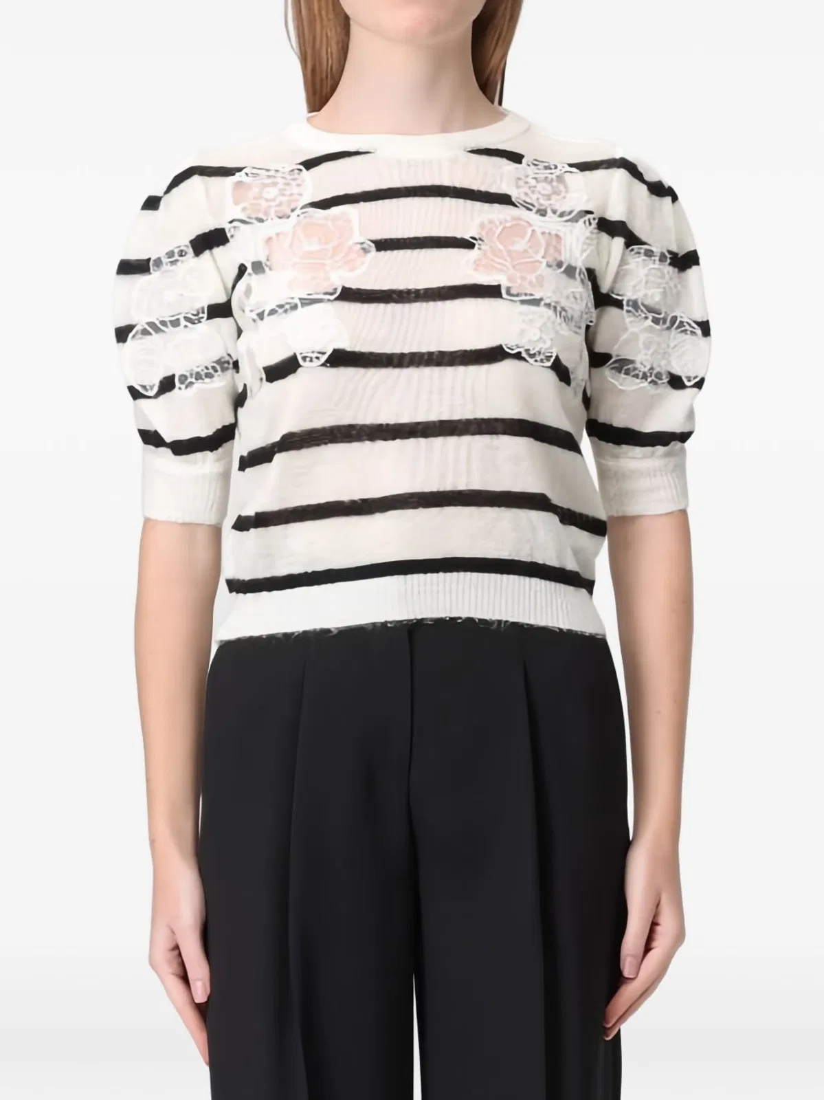 Twin-Set White Black Stripes Floral Sweater