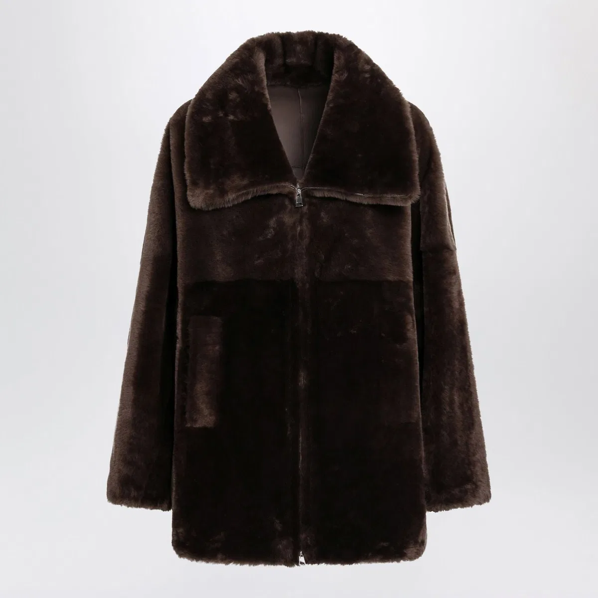 Blancha Oak Brown Zipup Shearling Jacket