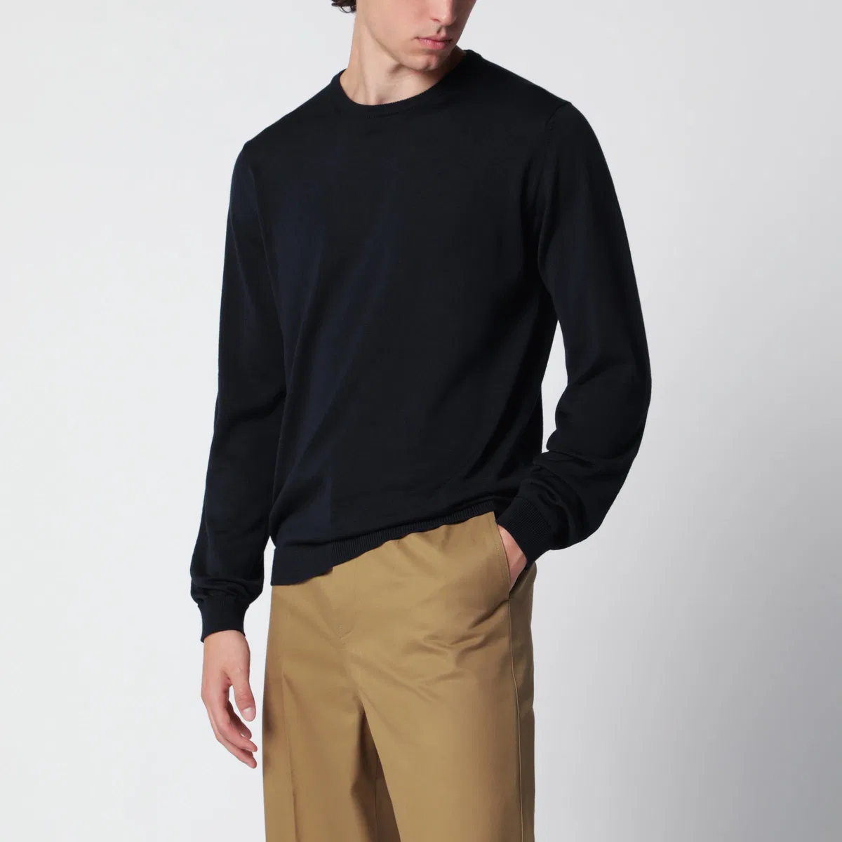 Roberto collina Navy Blue Wool Crew-Neck Knit Sweater