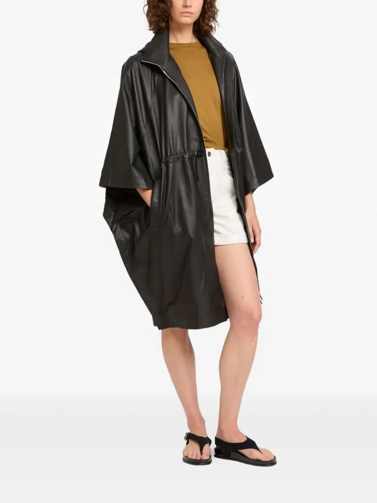 Yves Salomon Leather Cape With Drawstring Waist