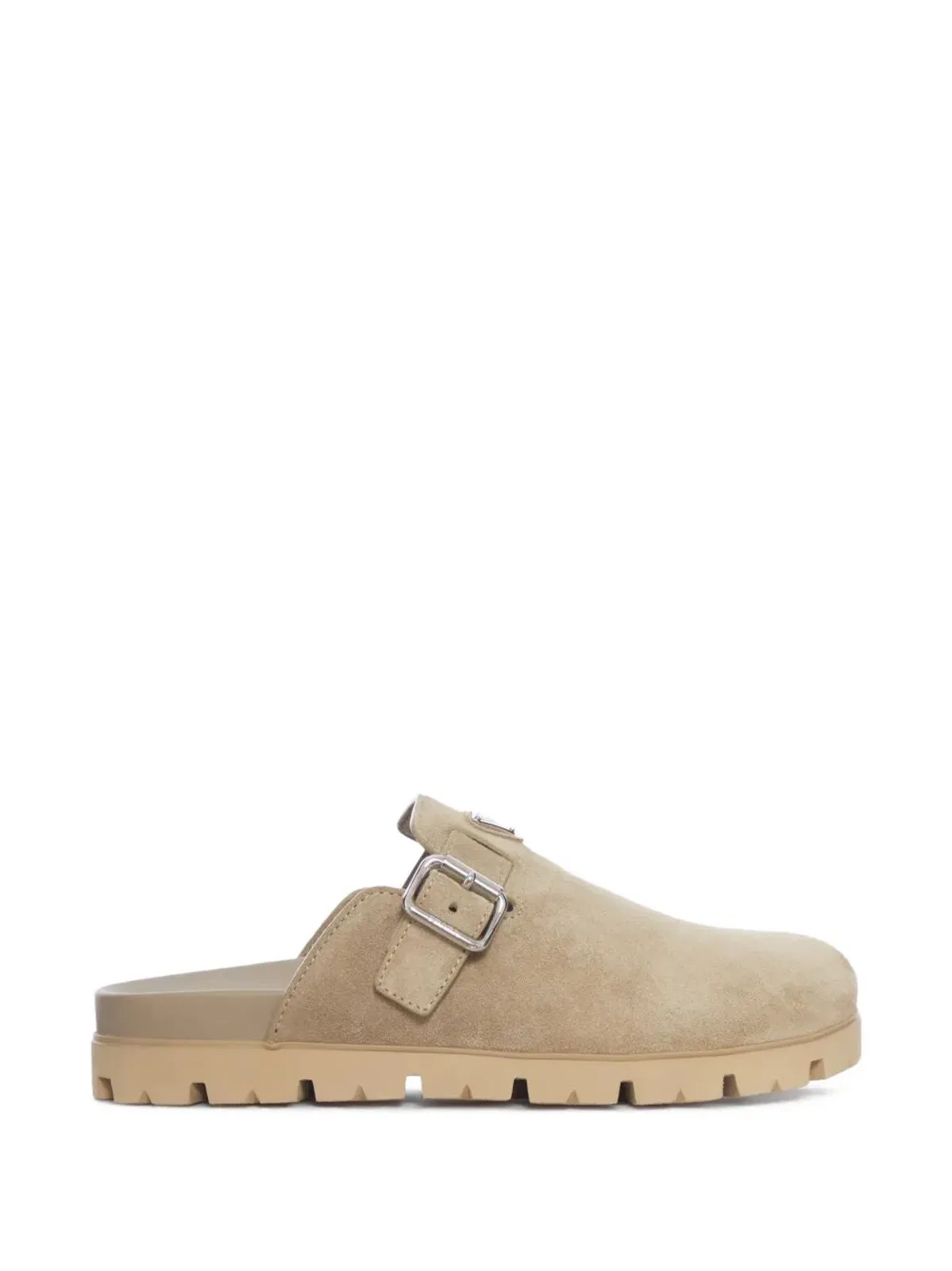 Prada Logo Buckle Suede Mules