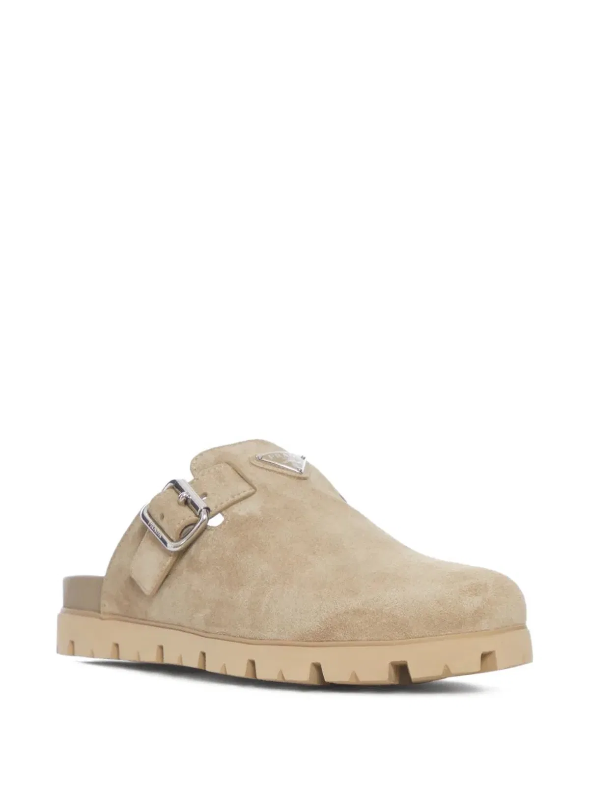 Prada Logo Buckle Suede Mules