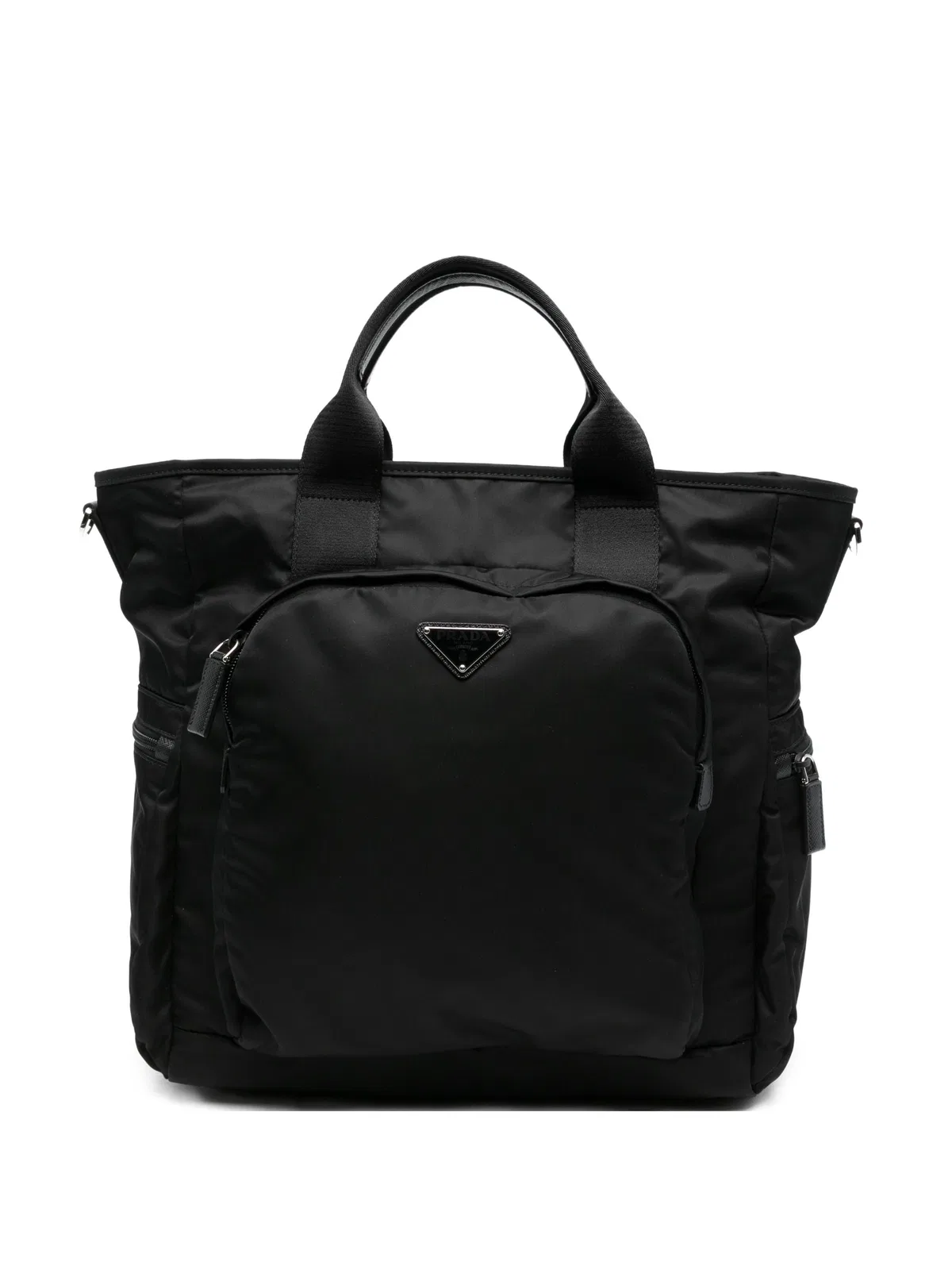 Prada Logo-Plaque Leather-Trim Tote Bag