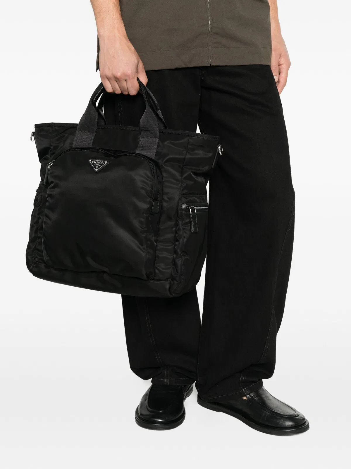 Prada Logo-Plaque Leather-Trim Tote Bag
