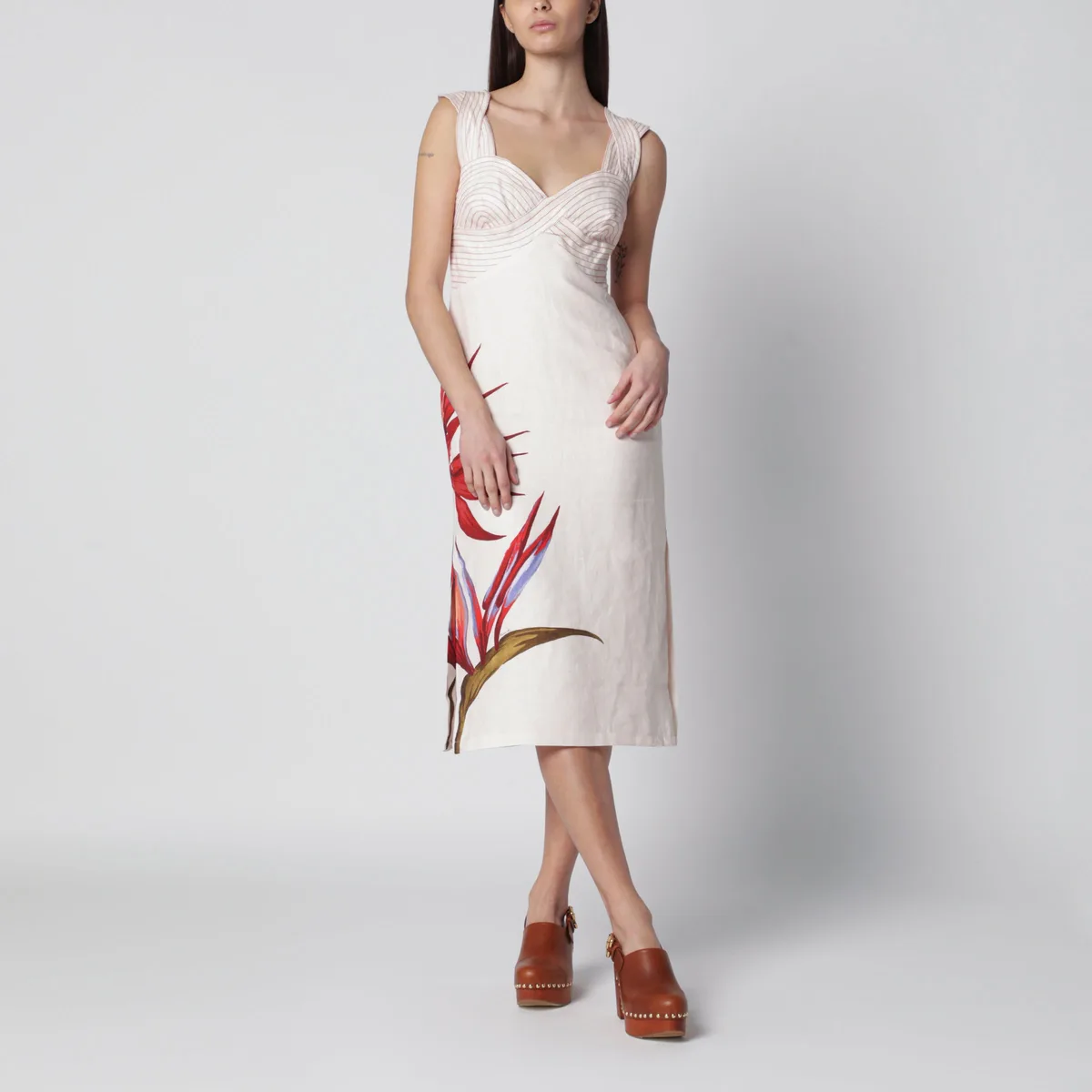 Farm rio Sand-Colored Linen Midi Dress With Strel