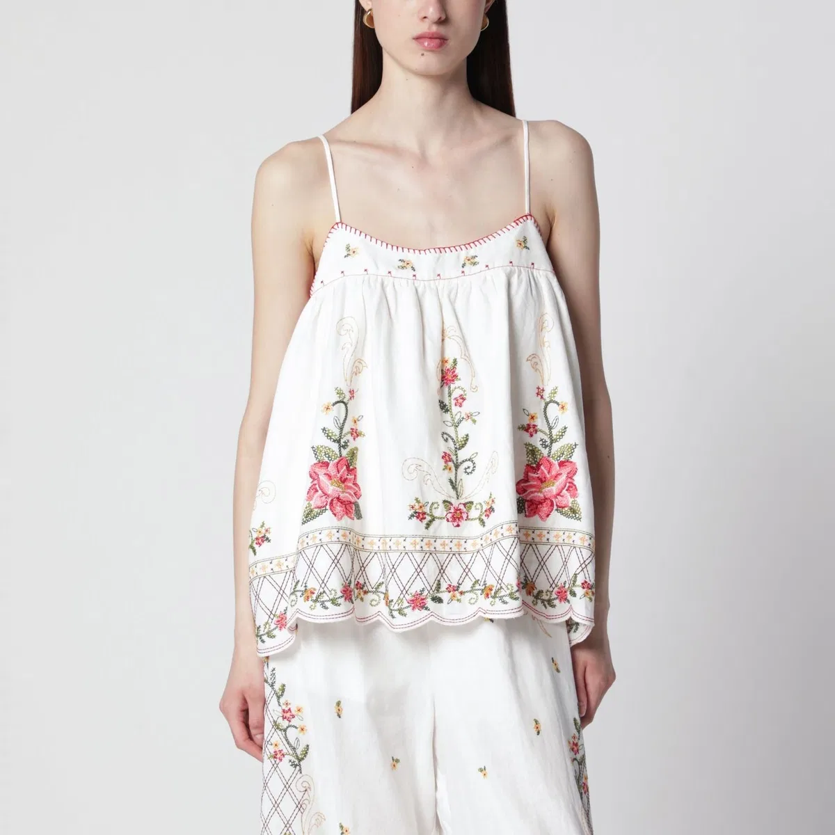 Farm rio Linenblend Top With Floral Embroidery