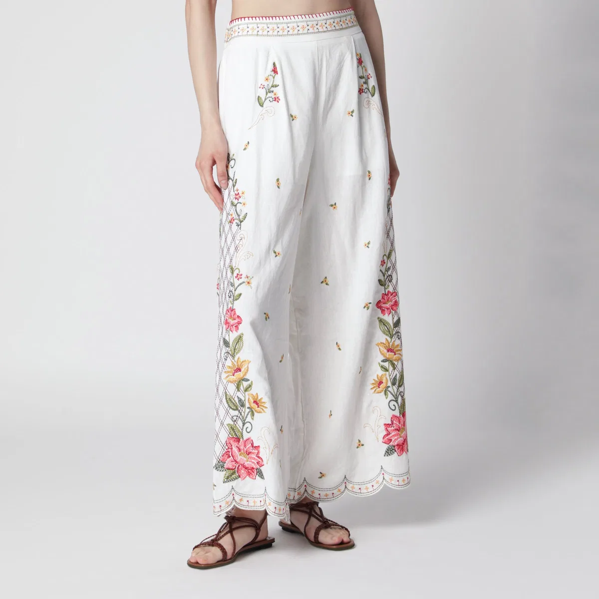 Farm rio Linen-Blend Trousers With Floral Embroid