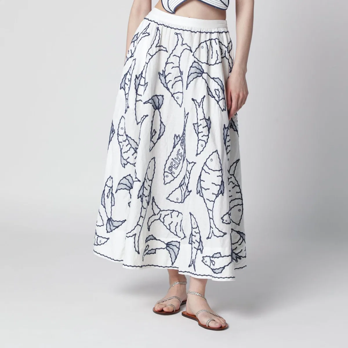 Farm rio Midi Skirt With Marine Embroidery