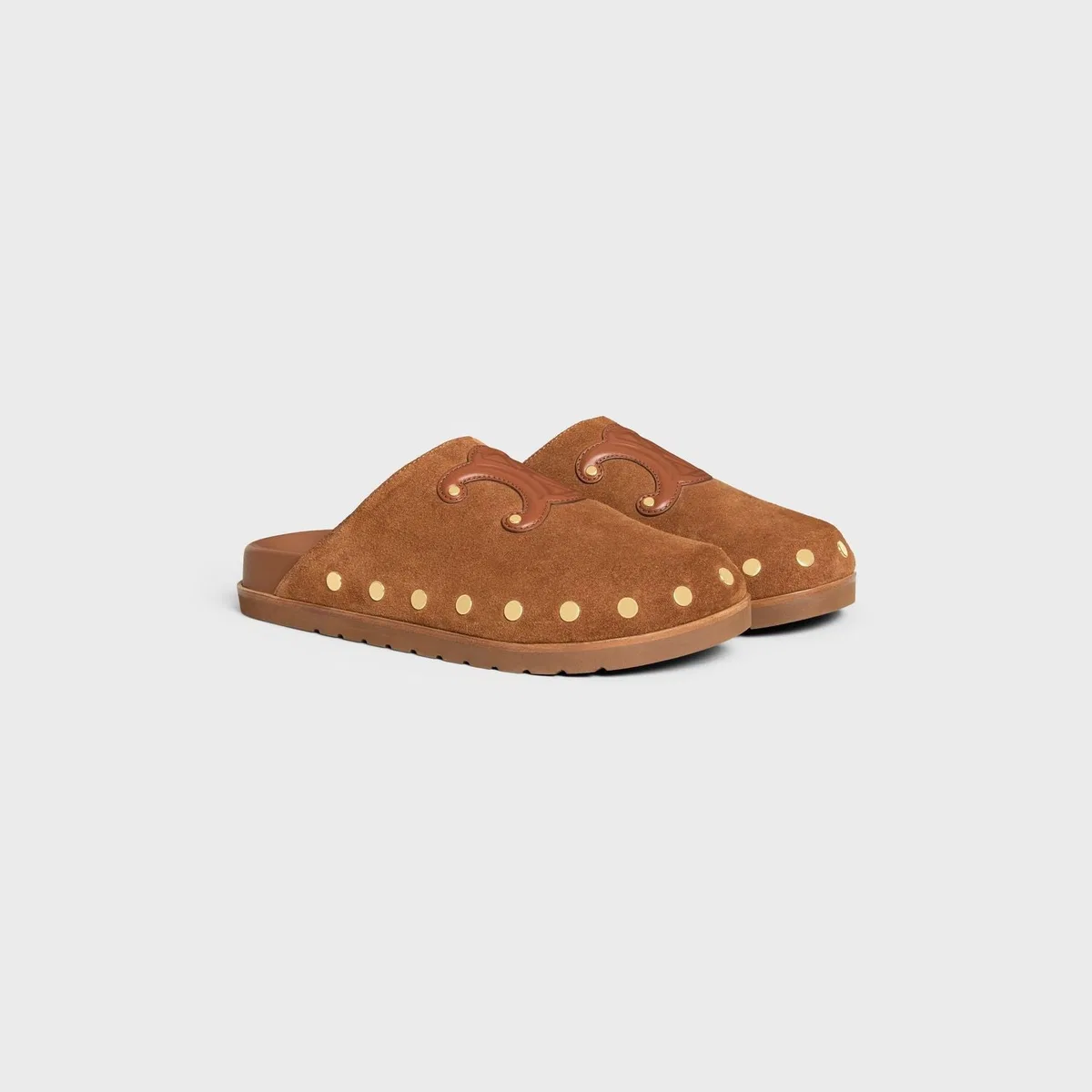 Celine Brown Triomphe Wedge Suede Leather Mules