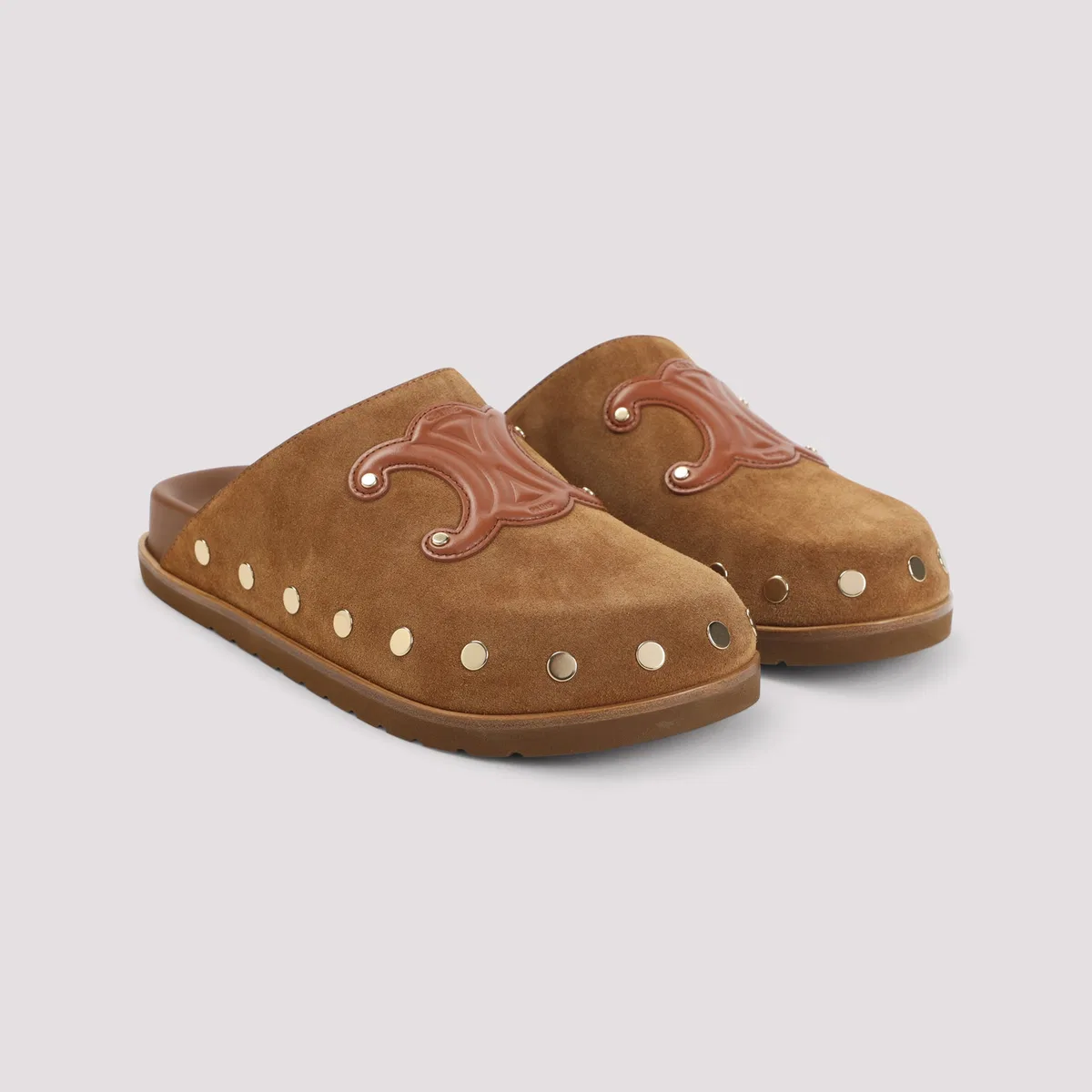 Celine Brown Triomphe Wedge Suede Leather Mules