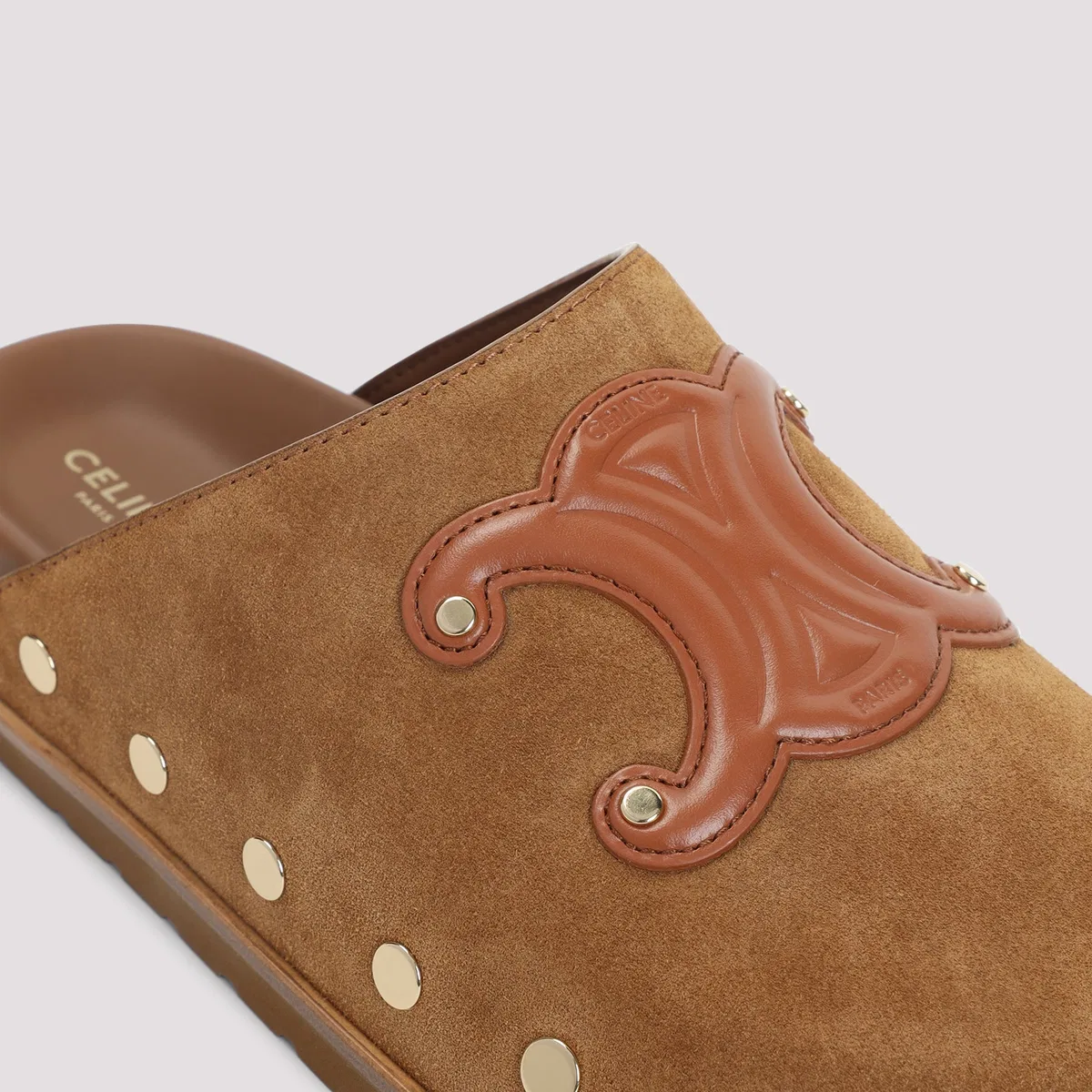 Celine Brown Triomphe Wedge Suede Leather Mules