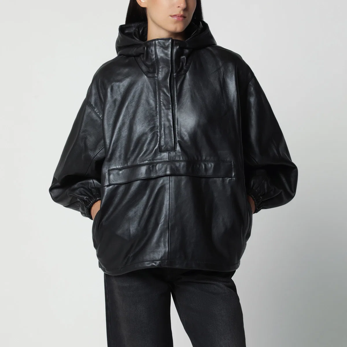 Róhe Oversized Black Leather Anorak