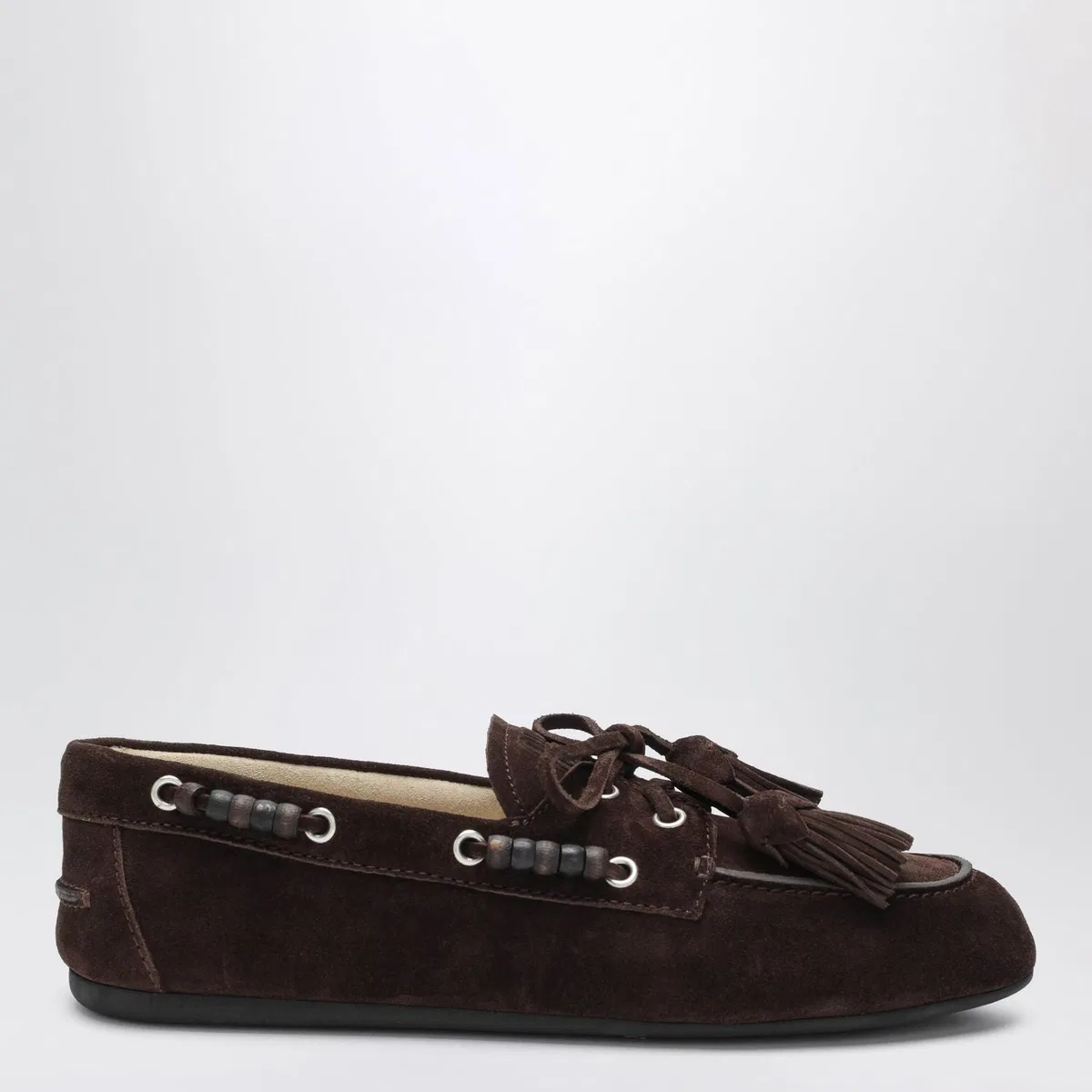 Miu Miu Deck Shoes In Suede With Dark Brown Tass