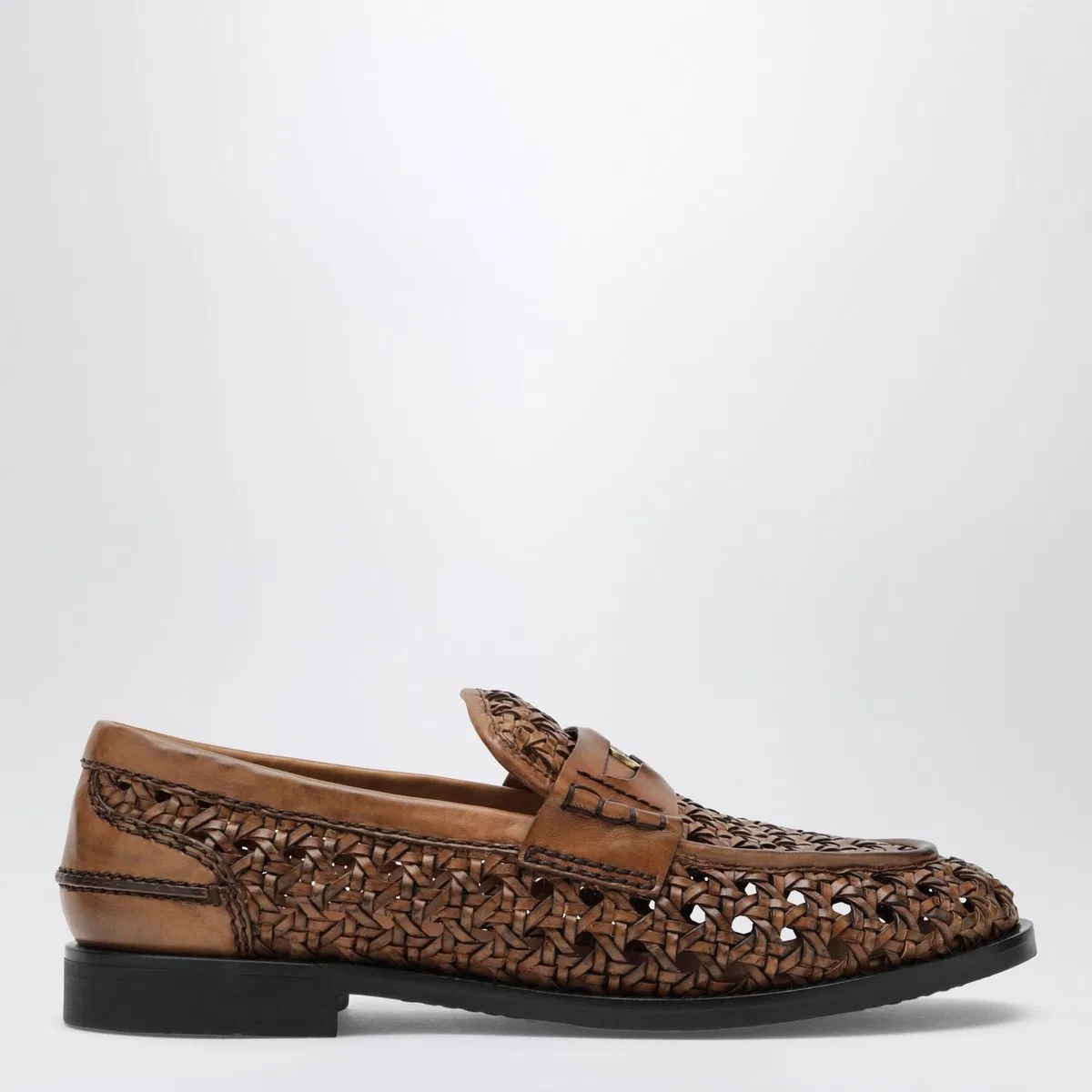 Miu Miu Cognaccolored Woven Leather Penny Loafer
