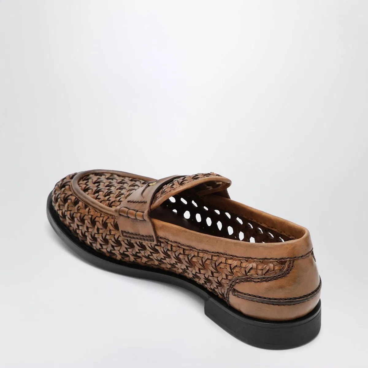 Miu Miu Cognaccolored Woven Leather Penny Loafer