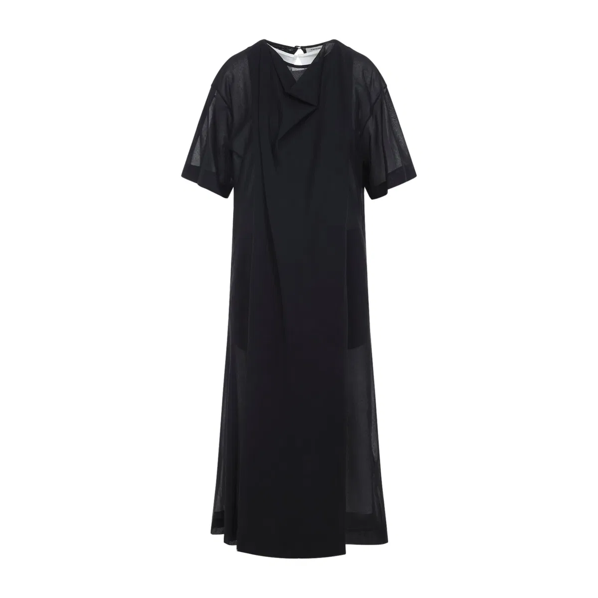 Carven Black Sheer Draped Cotton Midi Dress
