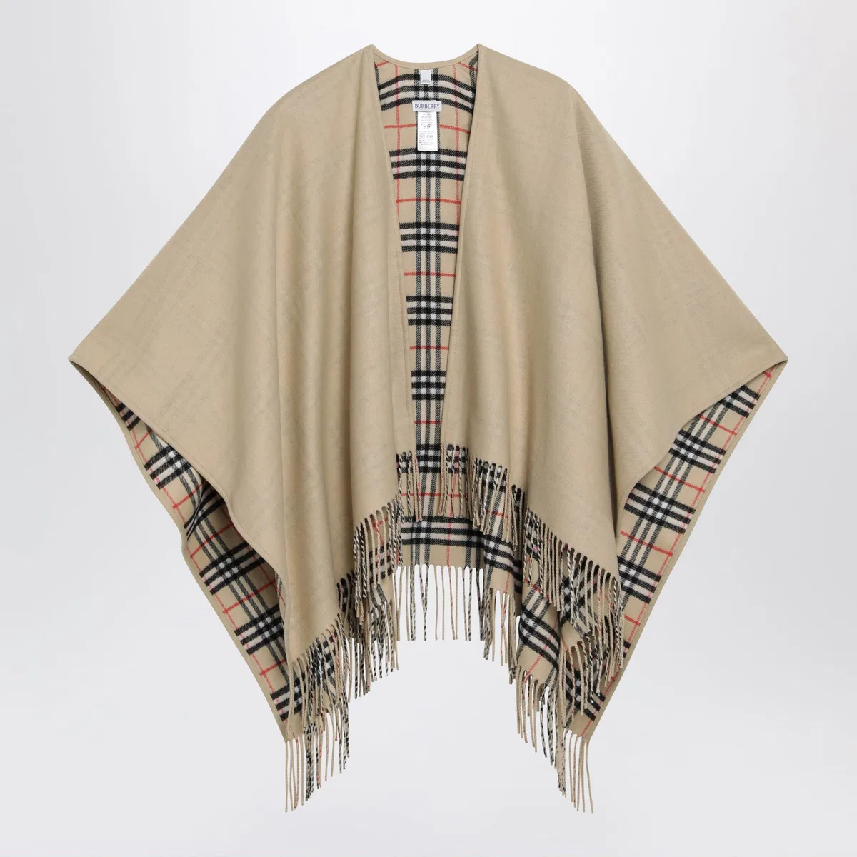 Burberry Reversible Wool Check Cape With Fringes 