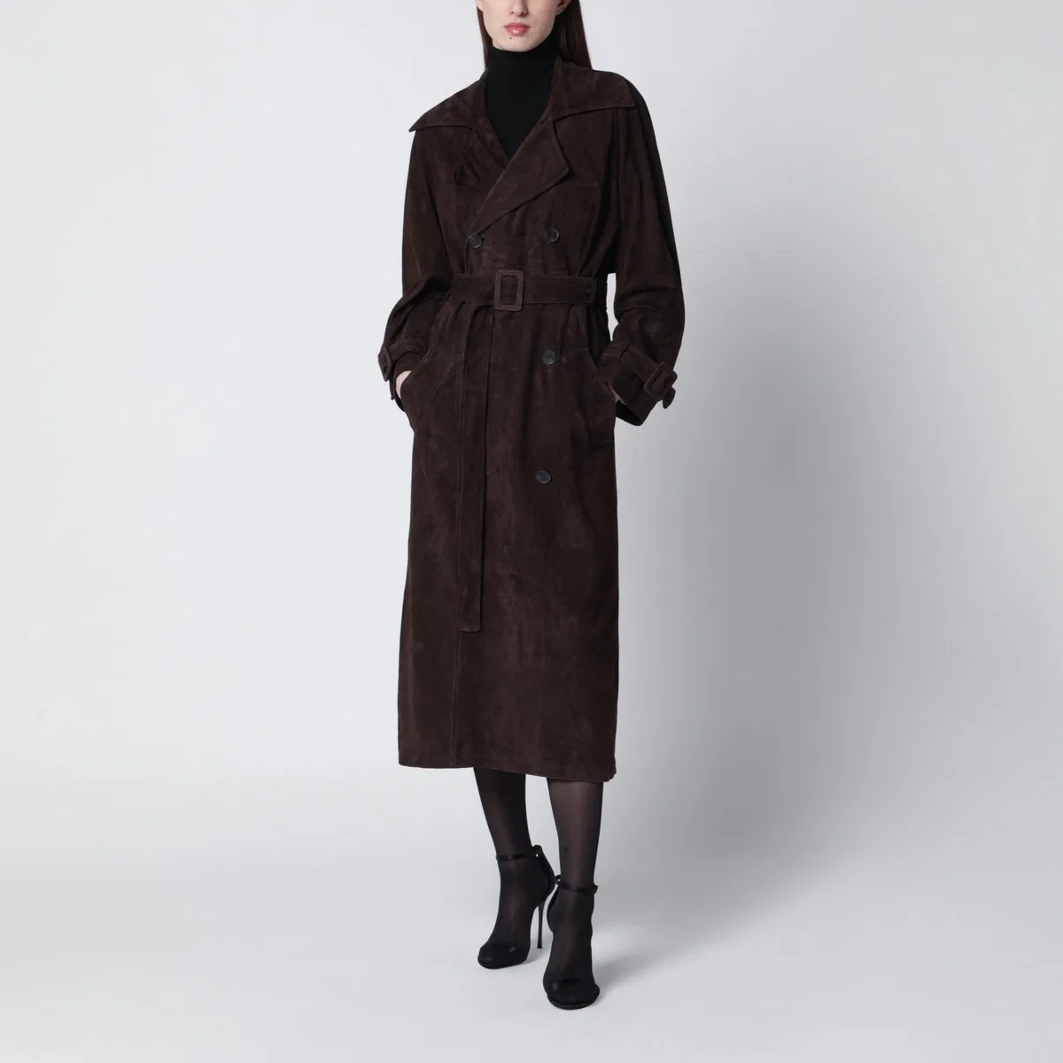 Sword 6644 Brown Double-Breasted Suede Trench Coat