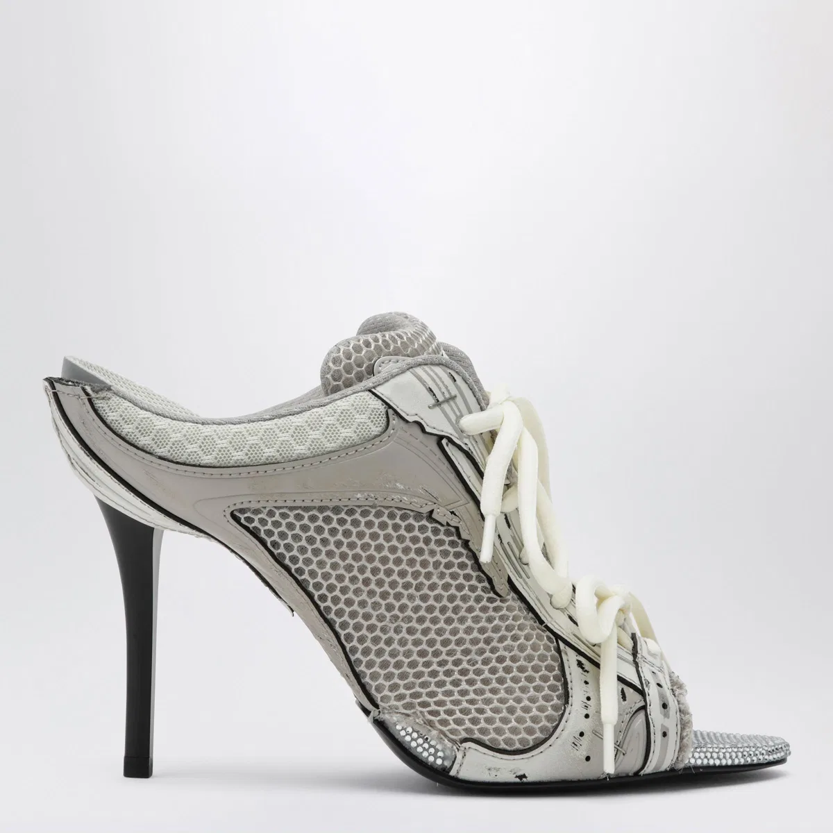 Balenciaga Stapler Grey Heeled Sandals With Distres