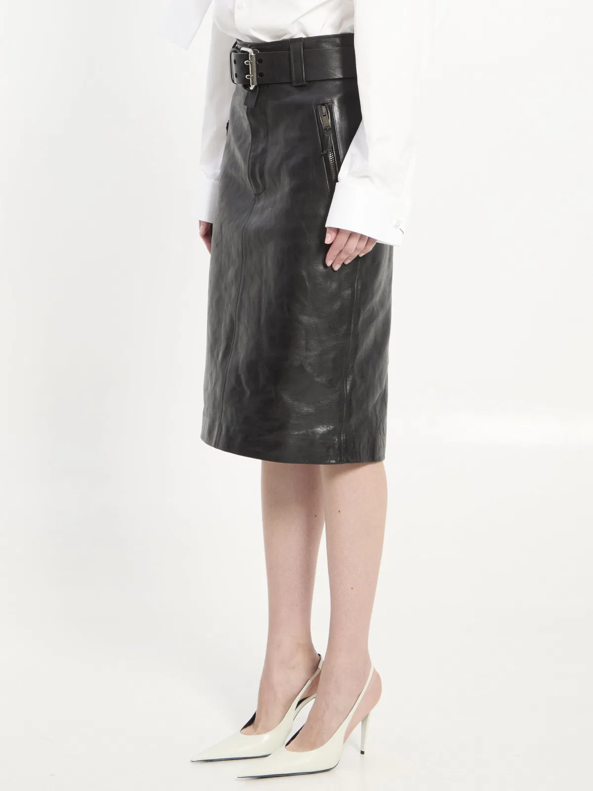 Saint Laurent Black Crinkled Calfskin Belted Pencil Sk