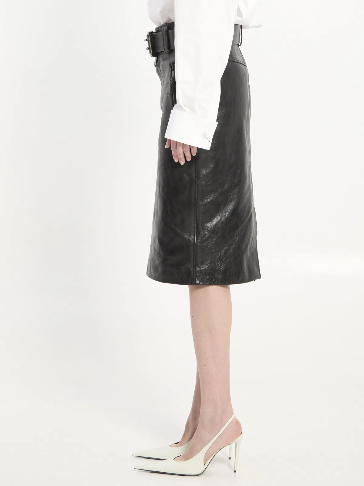 Saint Laurent Black Crinkled Calfskin Belted Pencil Sk